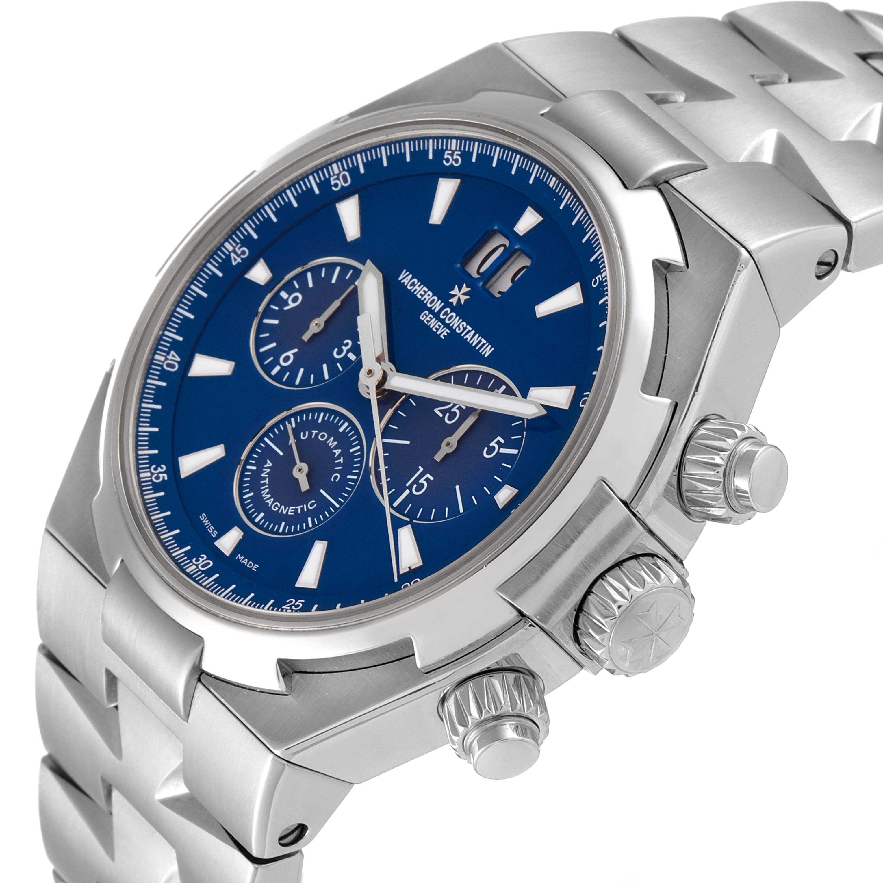 The image shows a close-up angled view of the Vacheron Constantin Overseas 49150.B01A.9097 Men's Stainless Steel Blue Dial 49150.B01A.9097 Men's Stainless Steel Blue Dial watch, highlighting the blue dial and stainless steel bracelet.