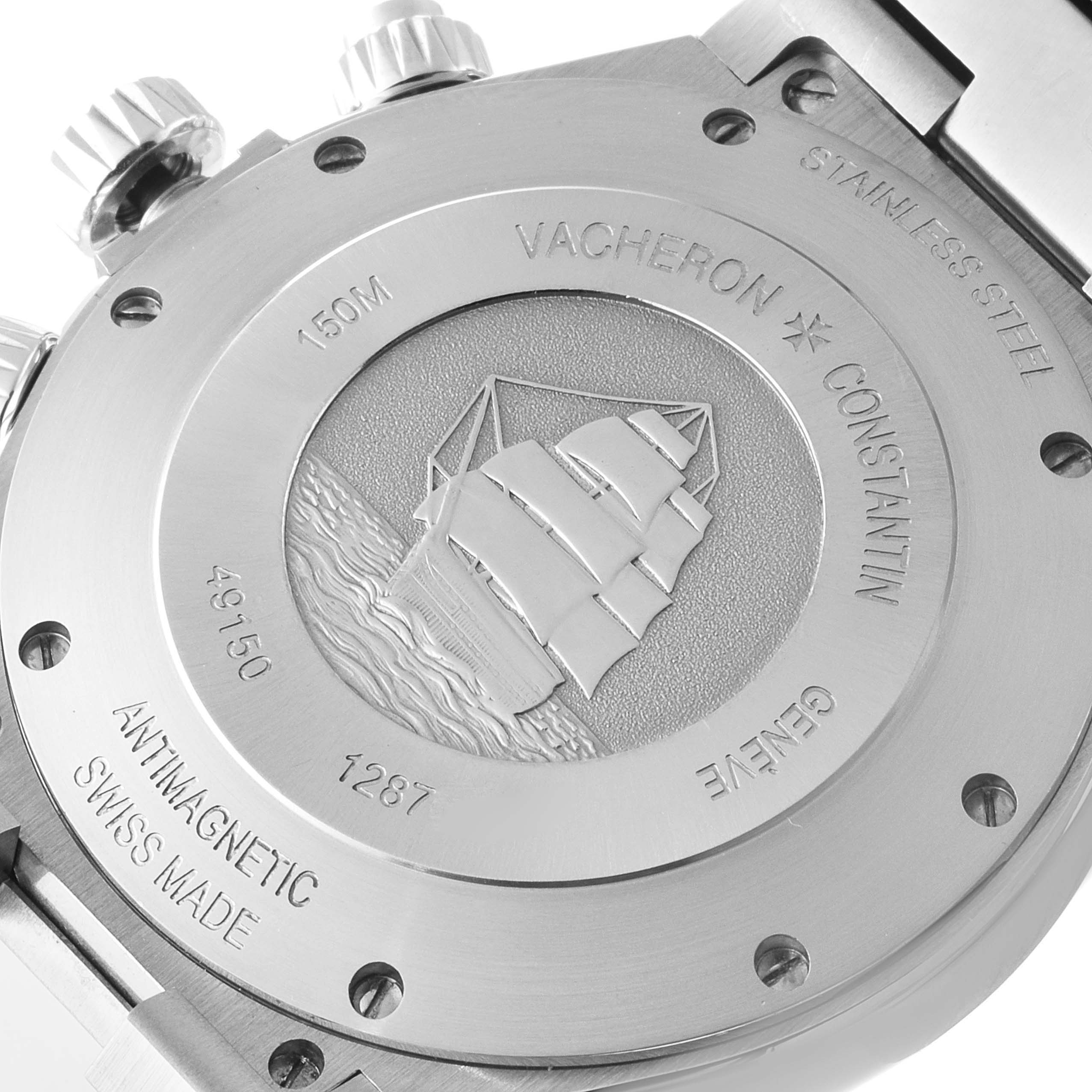 This image shows the back case of the Vacheron Constantin Overseas 49150.B01A.9097 Men's Stainless Steel Blue Dial 49150.B01A.9097 Men's Stainless Steel Blue Dial watch, highlighting its engravings and detailing.