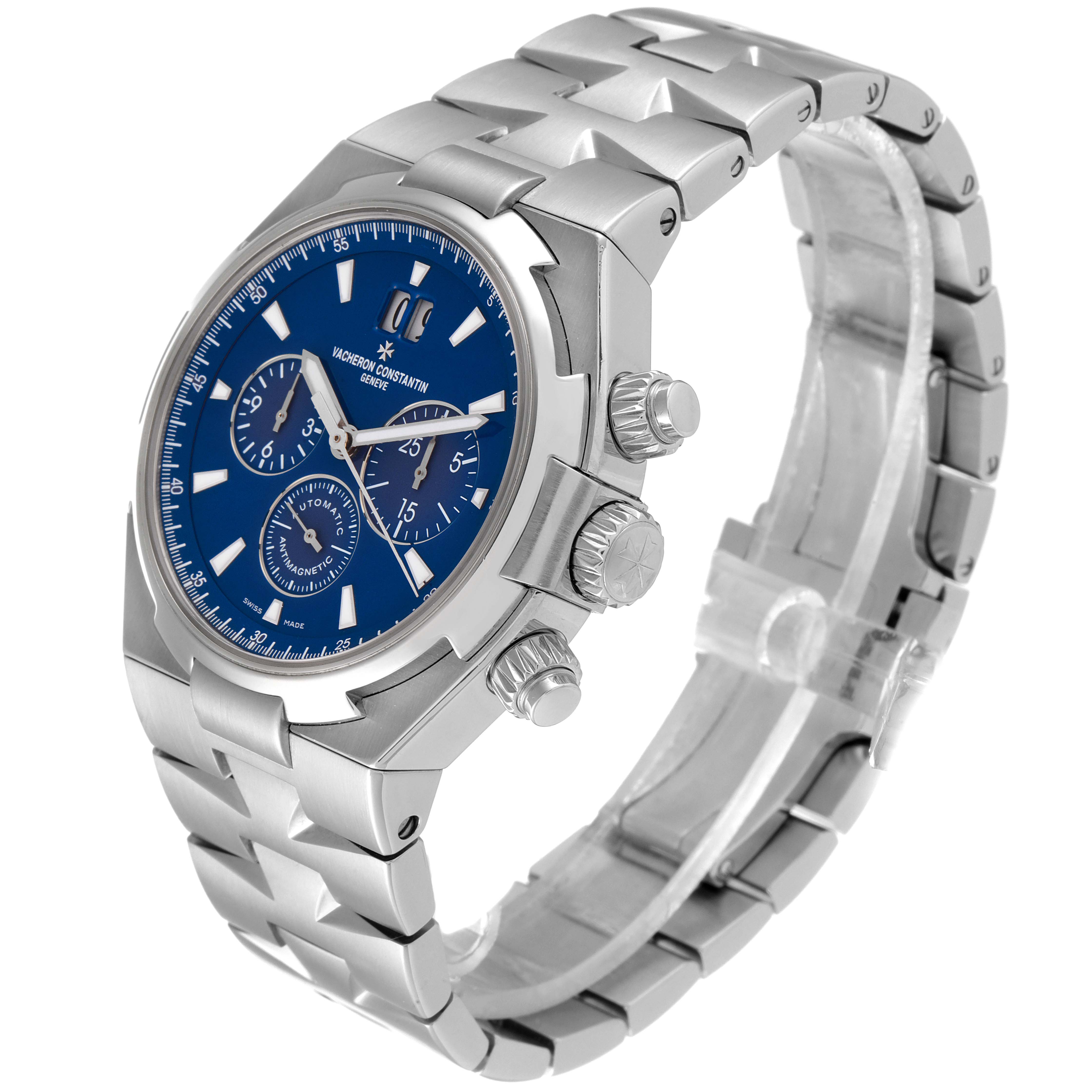 The image shows a side angle view of the Vacheron Constantin Overseas 49150.B01A.9097 Men's Stainless Steel Blue Dial 49150.B01A.9097 Men's Stainless Steel Blue Dial watch, highlighting its stainless steel case, blue dial, and bracelet.