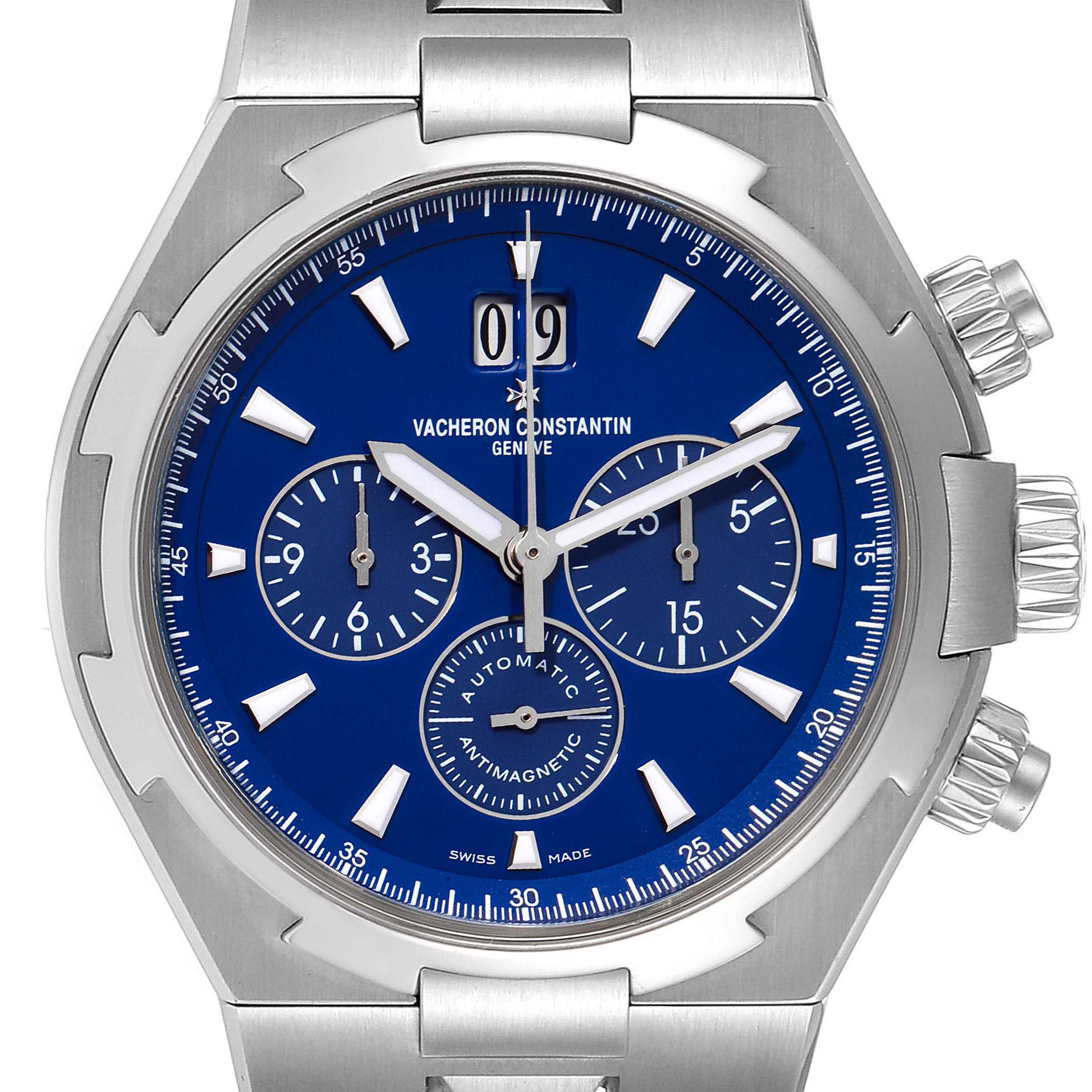 Top-down view of the Vacheron Constantin Overseas 49150.B01A.9097 Men's Stainless Steel Blue Dial 49150.B01A.9097 Men's Stainless Steel Blue Dial watch showing the blue dial, chronograph subdials, and stainless steel case.