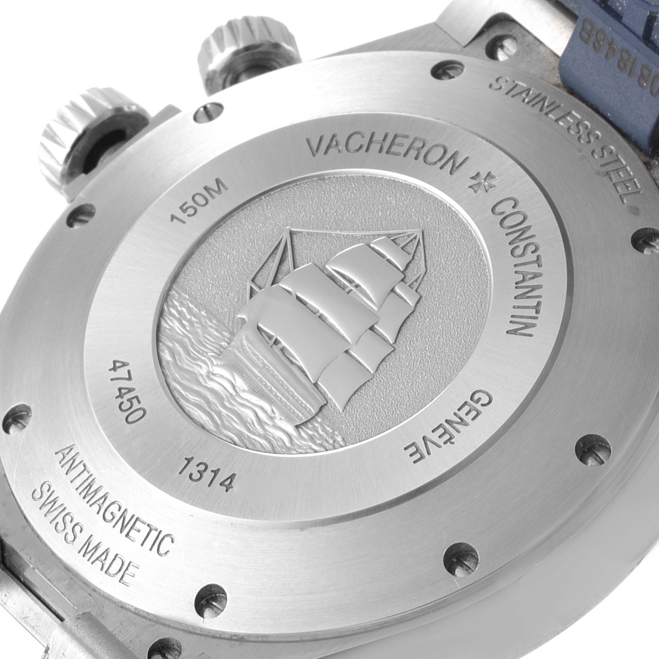 This image shows the case back of the Vacheron Constantin Overseas 47450/000A.9039 Men
s Stainless Steel Blue Dial 47450/000A.9039 Men
s Stainless Steel Blue Dial model.