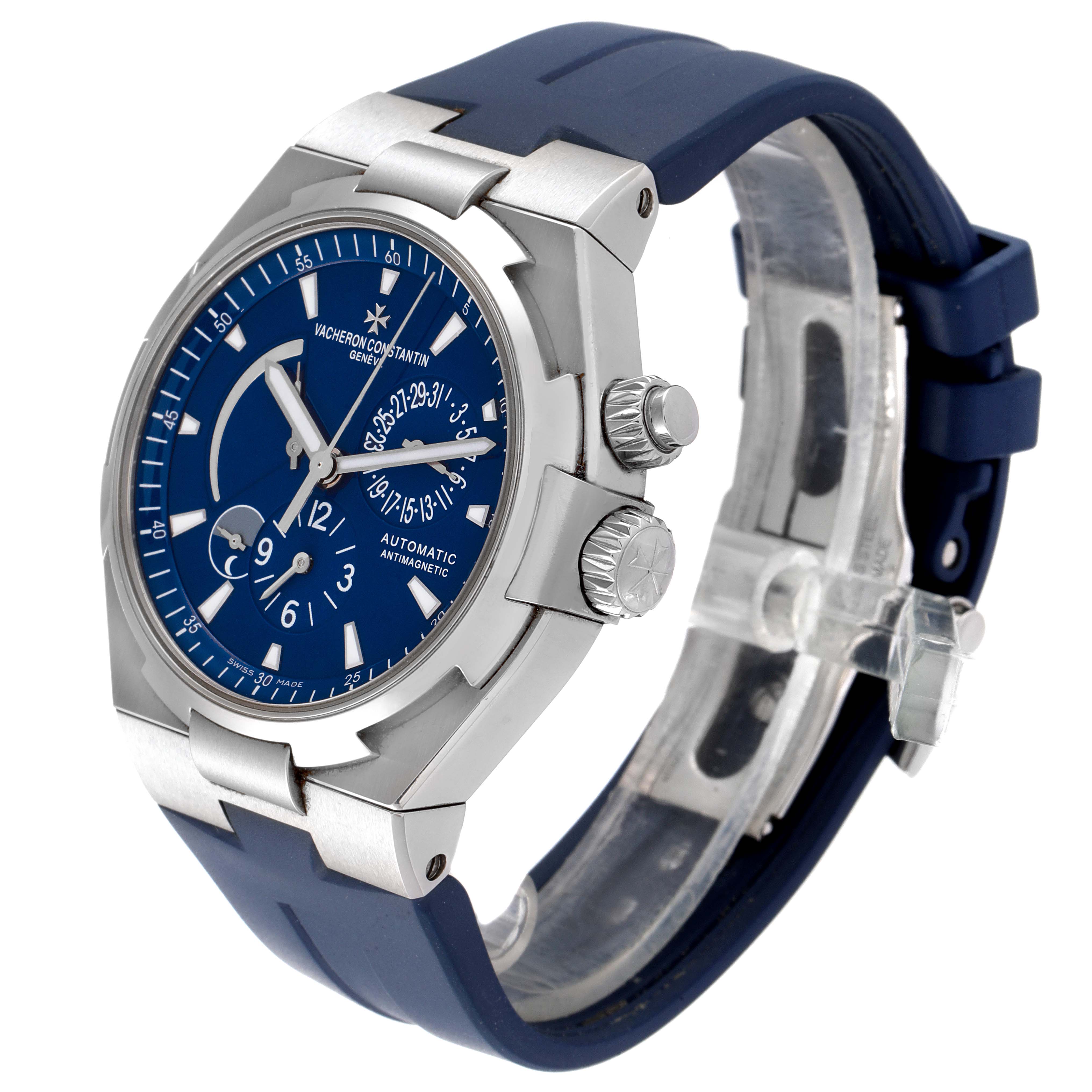 This Vacheron Constantin Overseas 47450/000A.9039 Men
s Stainless Steel Blue Dial 47450/000A.9039 Men
s Stainless Steel Blue Dial watch is shown from a front and slight side angle, highlighting the blue dial and stainless steel case.