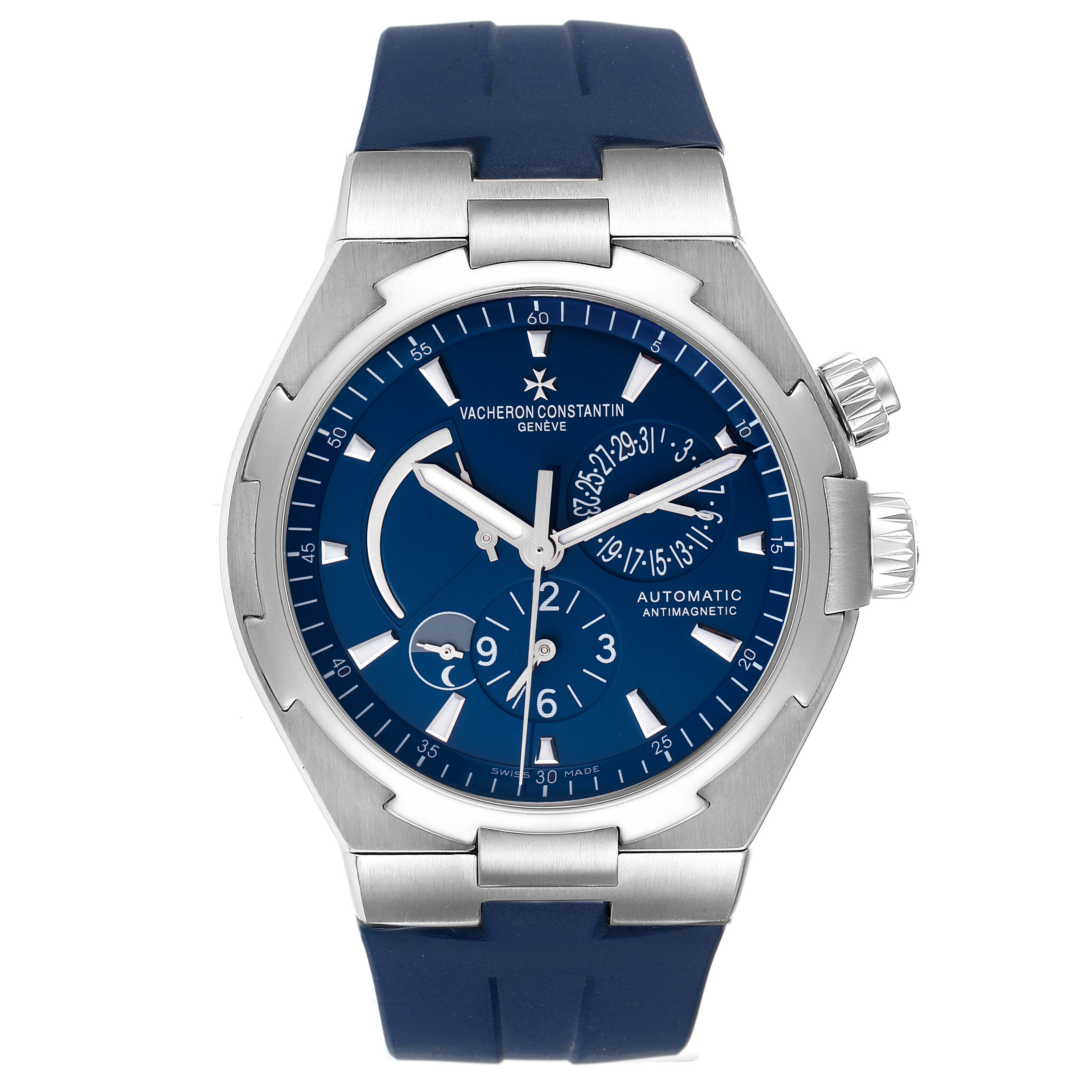 The Vacheron Constantin Overseas 47450/000A.9039 Men
s Stainless Steel Blue Dial 47450/000A.9039 Men
s Stainless Steel Blue Dial watch is shown from a front angle, highlighting its blue dial, stainless steel case, and rubber strap.