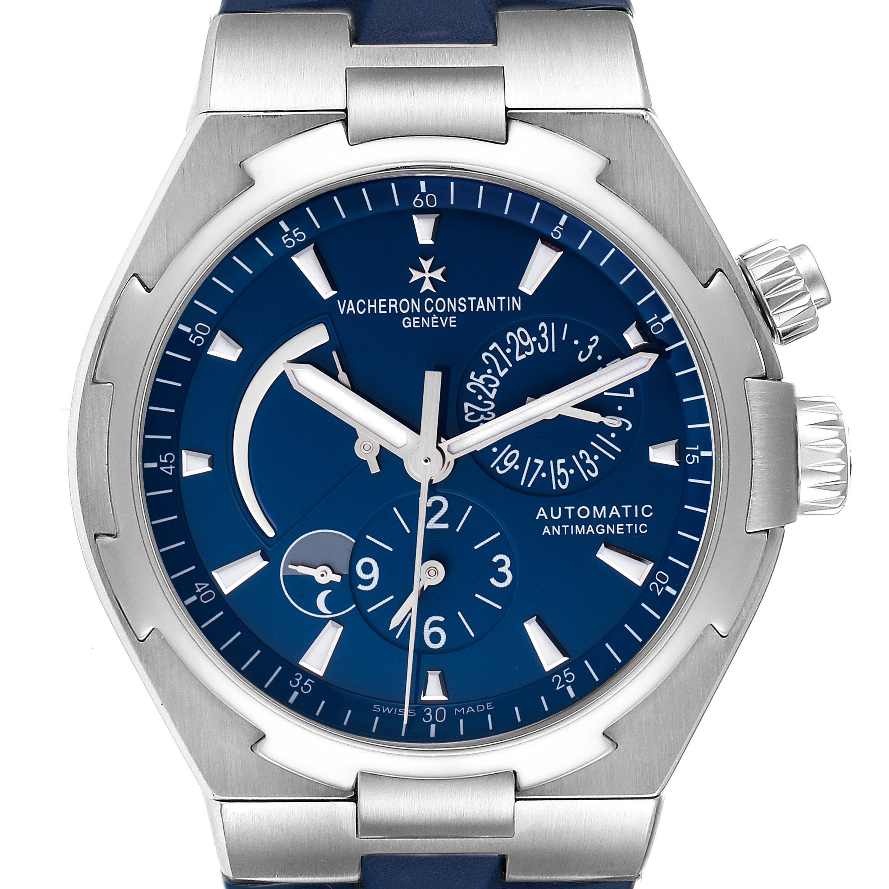 The Vacheron Constantin Overseas 47450/000A.9039 Men
s Stainless Steel Blue Dial 47450/000A.9039 Men
s Stainless Steel Blue Dial watch is shown from the front, highlighting its blue dial, subdials, and stainless steel case.
