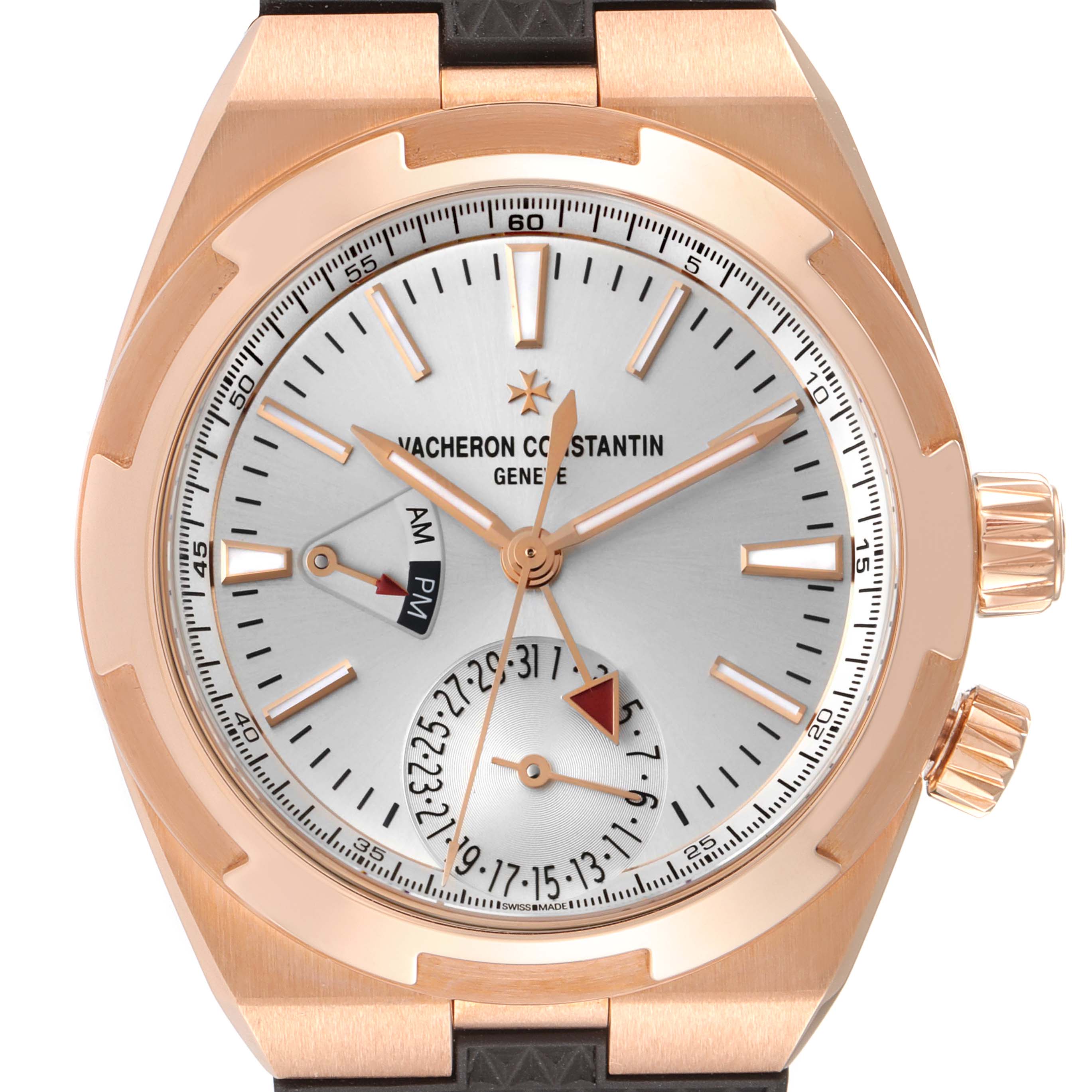 This image shows a frontal view of the Vacheron Constantin Overseas 7900V/000R-B336 Men's Rose Gold Silver Dial 7900V/000R-B336 Men's Rose Gold Silver Dial watch, highlighting its dial, hands, and case.