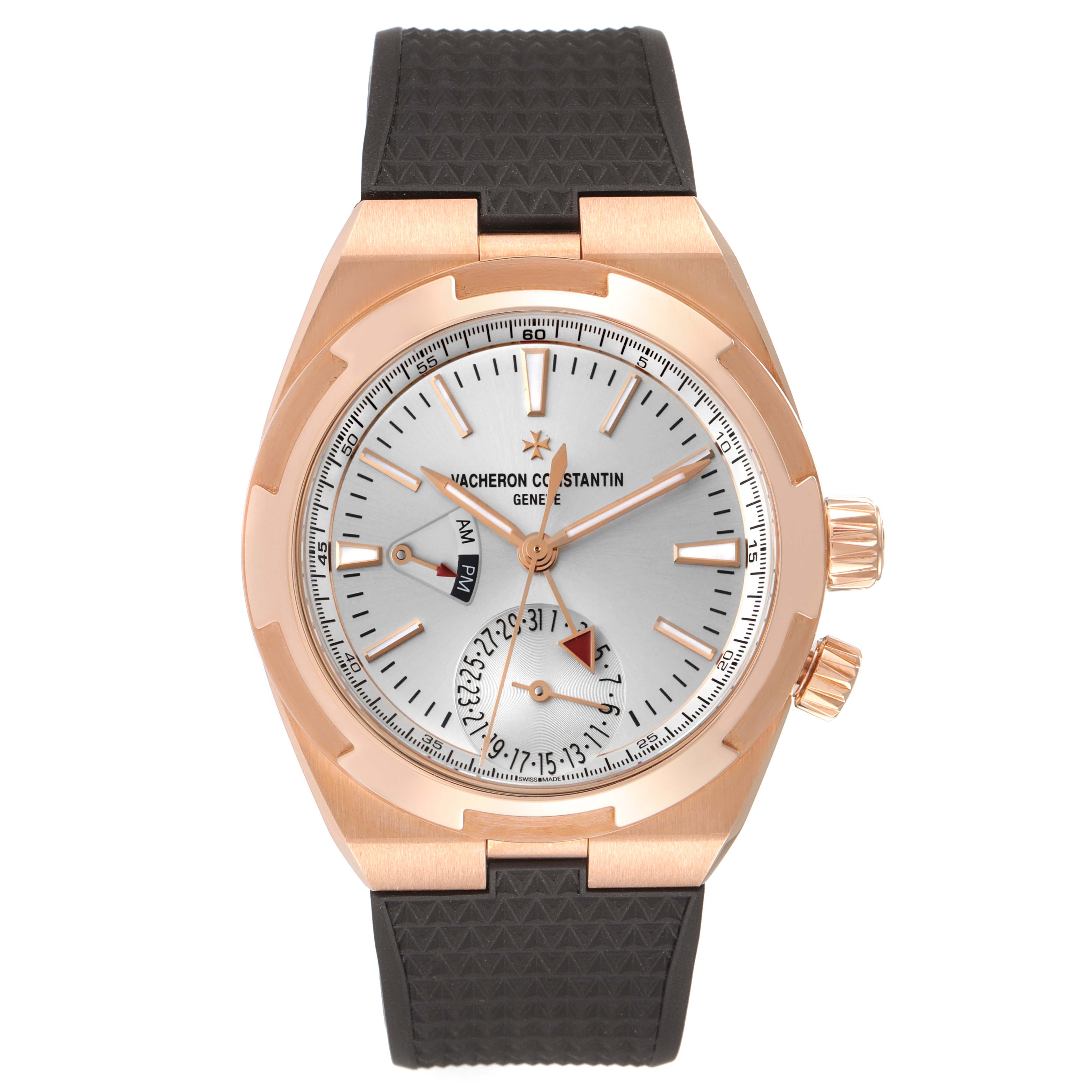 The image shows a Vacheron Constantin Overseas 7900V/000R-B336 Men's Rose Gold Silver Dial 7900V/000R-B336 Men's Rose Gold Silver Dial watch, front angle, highlighting the dial, hands, crown, and strap.