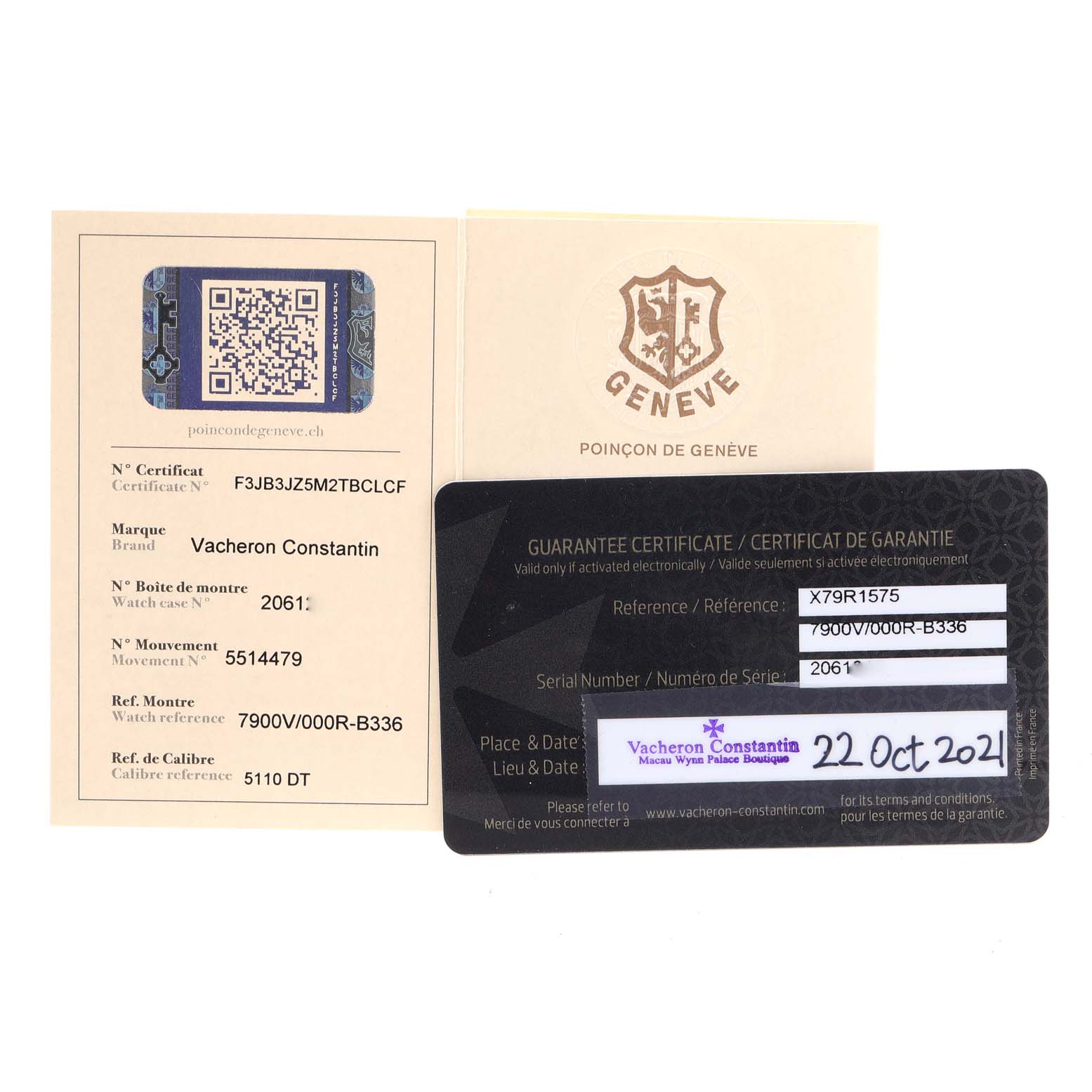 The image shows the guarantee certificate and related documentation for a Vacheron Constantin Overseas 7900V/000R-B336 Men's Rose Gold Silver Dial 7900V/000R-B336 Men's Rose Gold Silver Dial model.