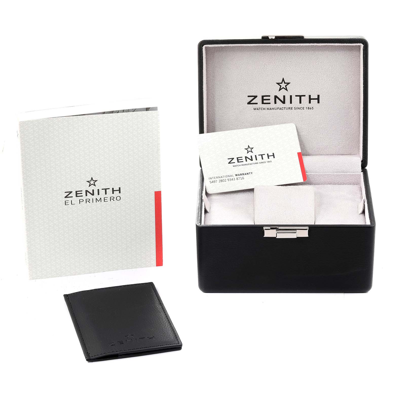 The image shows the packaging and accessories of the Zenith Pilot 11.2240.405 Men's Stainless Steel Grey Dial 11.2240.405 Men's Stainless Steel Grey Dial watch, including the box, warranty card, and booklet.