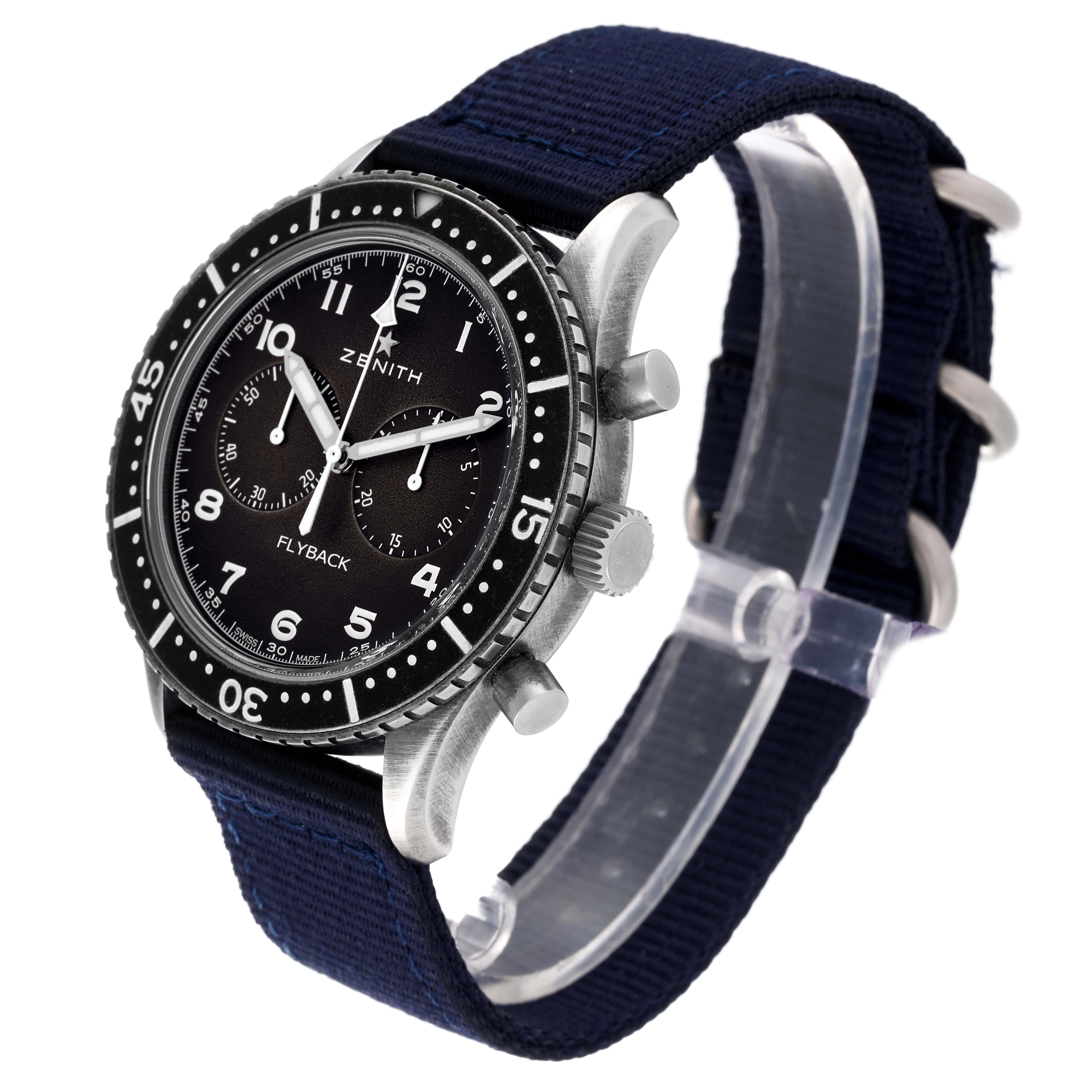 The image shows a Zenith Pilot 11.2240.405 Men's Stainless Steel Grey Dial 11.2240.405 Men's Stainless Steel Grey Dial model watch at a slight angle showcasing the dial, bezel, crown, chronograph pushers, and strap.