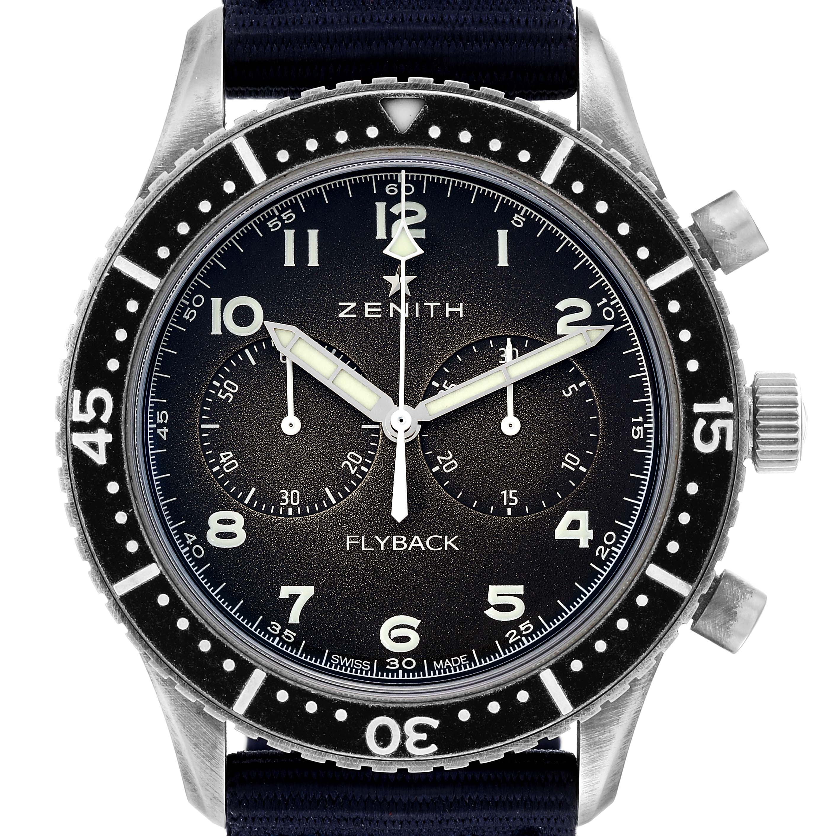 The Pilot model by Zenith is shown from the front, displaying the dial, bezel, hands, and strap attachment.