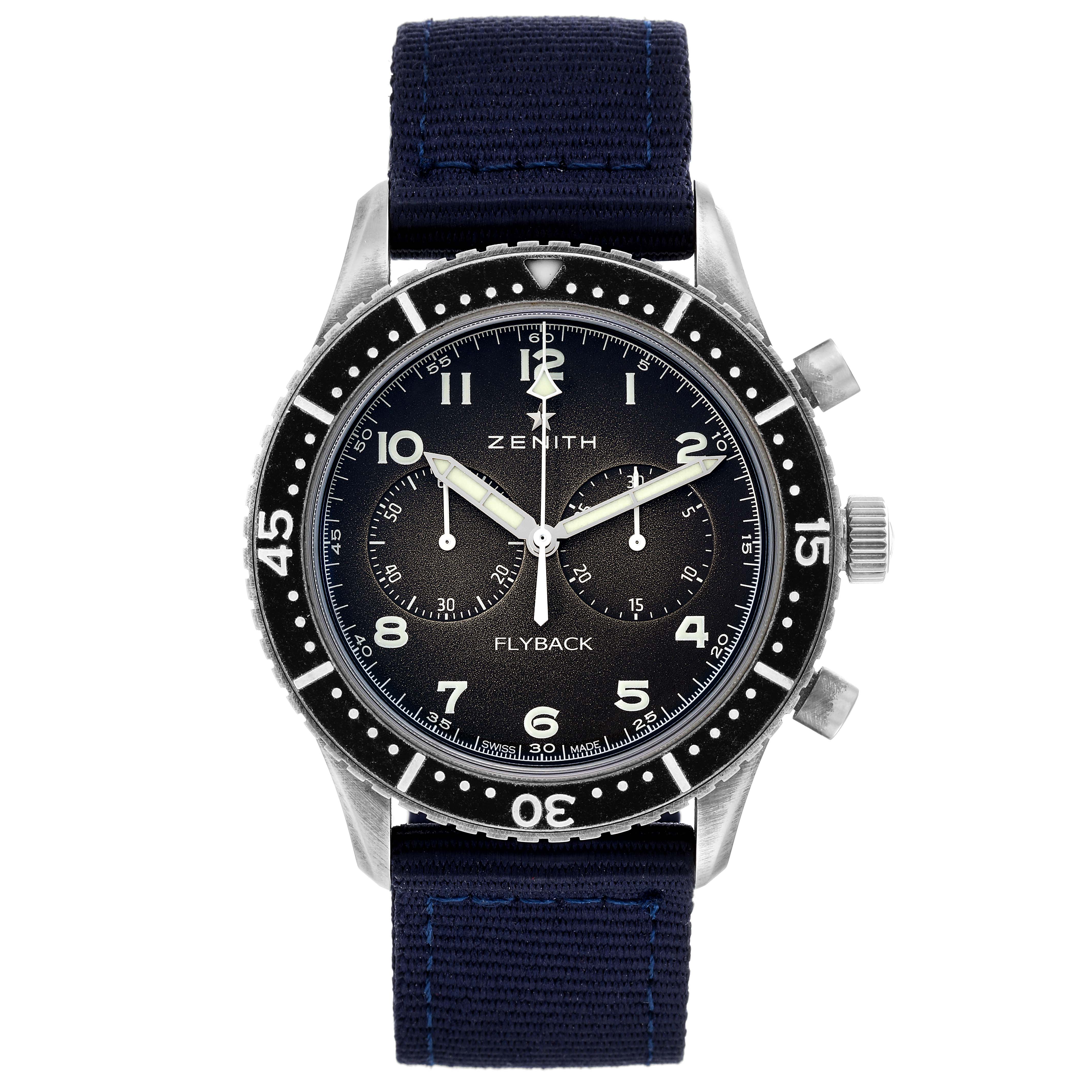 The Zenith Pilot 11.2240.405 Men's Stainless Steel Grey Dial 11.2240.405 Men's Stainless Steel Grey Dial model watch is shown from the front, featuring its dial, bezel, pushers, crown, and a blue fabric strap.