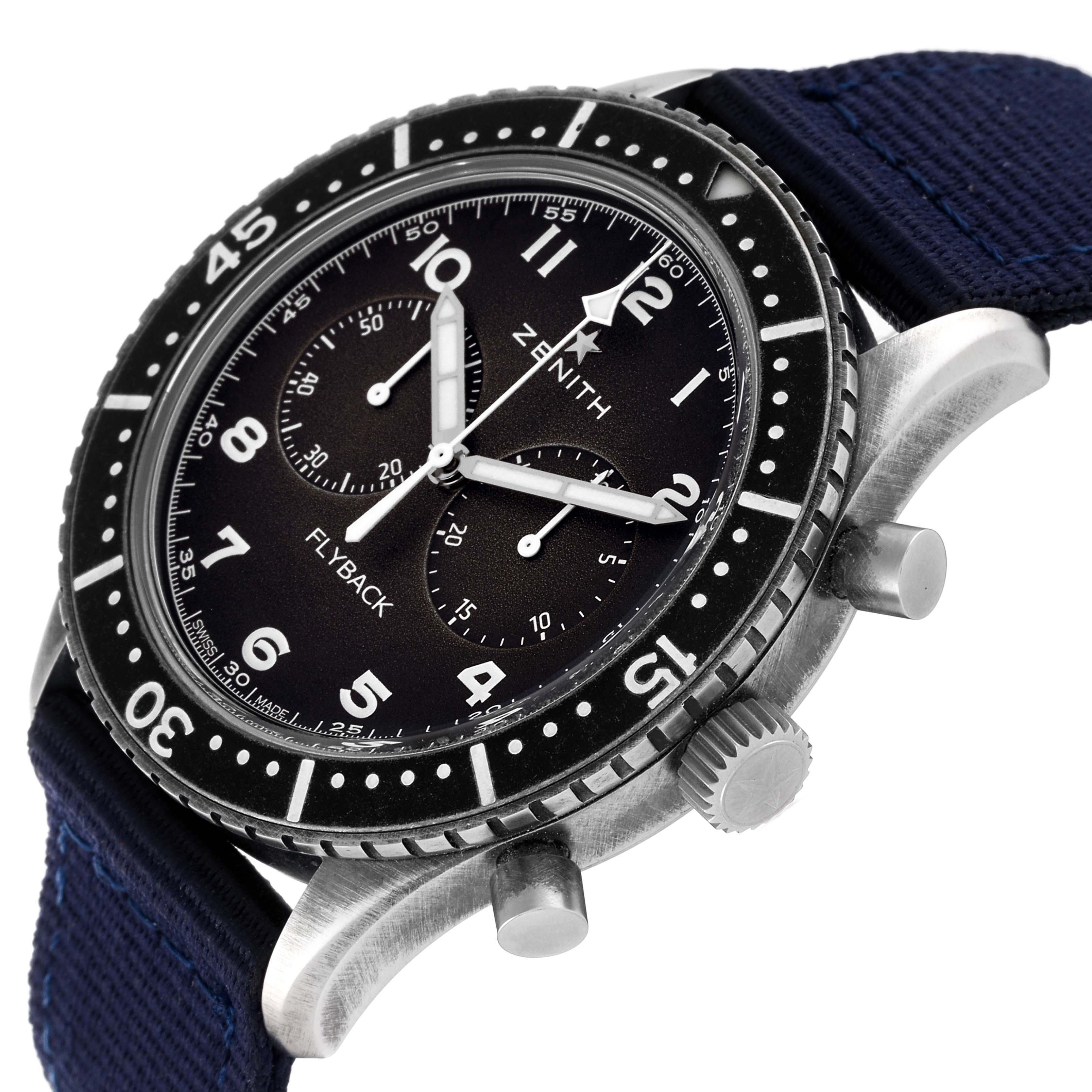 The Zenith Pilot 11.2240.405 Men's Stainless Steel Grey Dial 11.2240.405 Men's Stainless Steel Grey Dial watch is shown at an angled side view, highlighting the bezel, crown, pushers, and part of the strap.