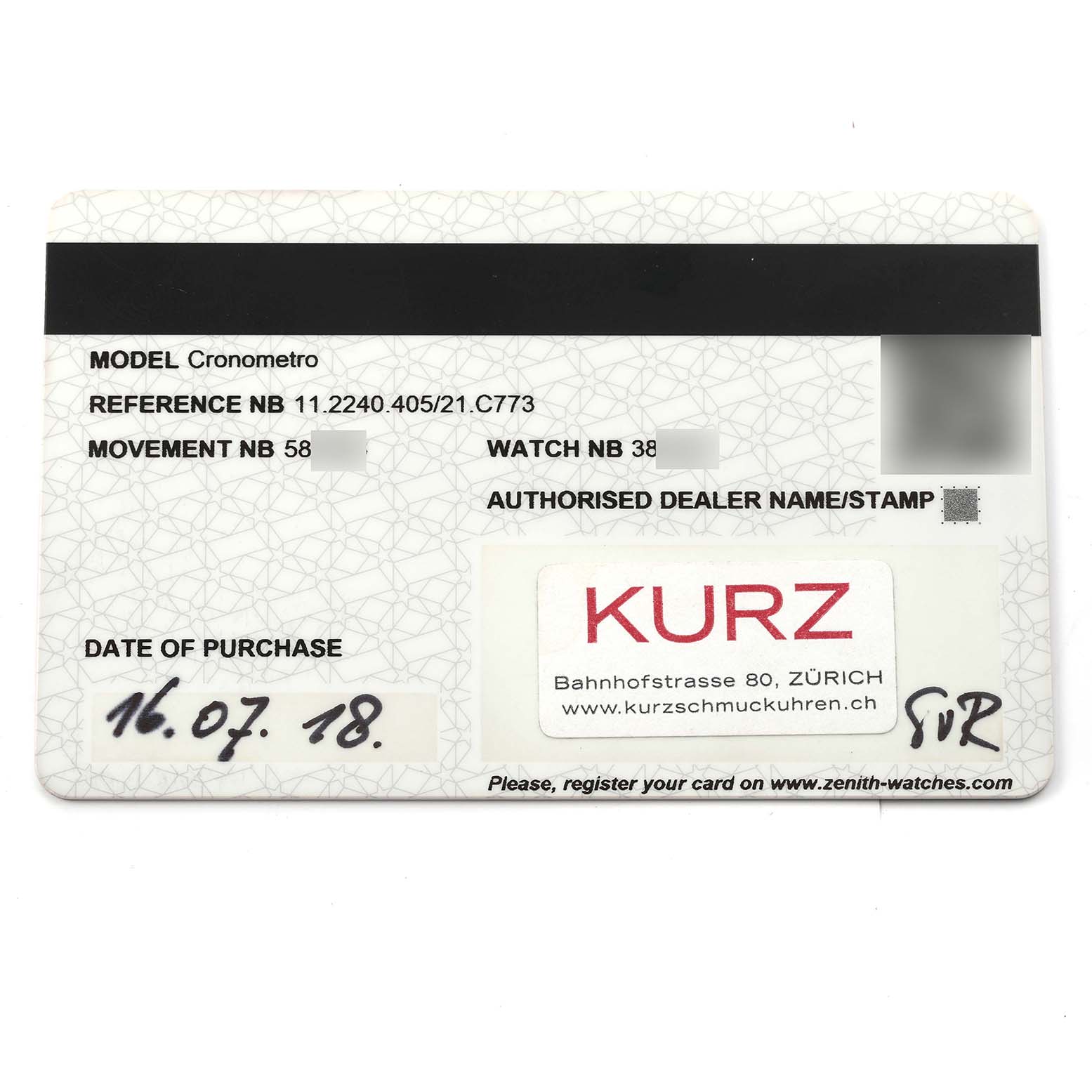 This image shows the warranty card for the Zenith Pilot 11.2240.405 Men's Stainless Steel Grey Dial 11.2240.405 Men's Stainless Steel Grey Dial model watch, including details like the model, reference number, and date of purchase.