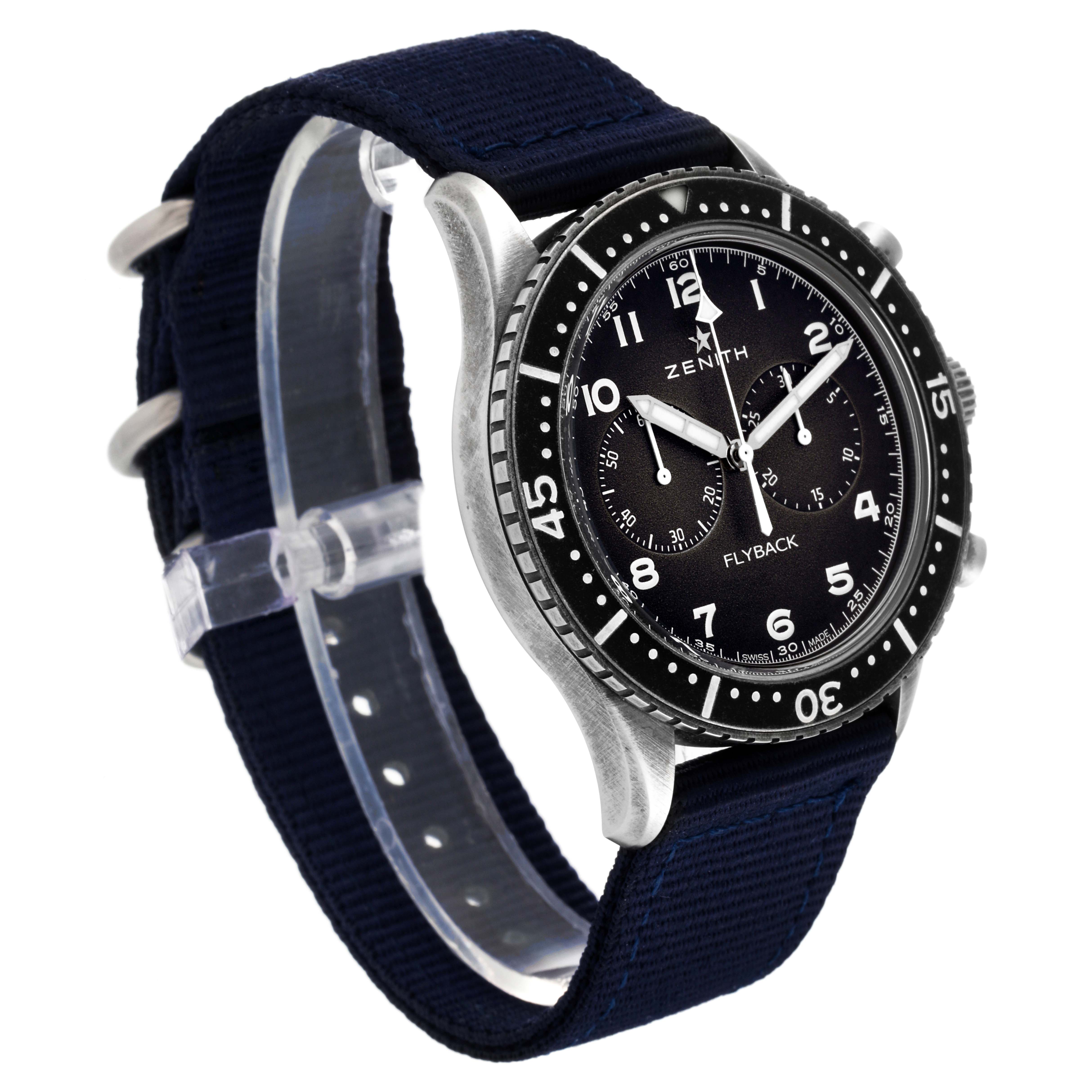 The Zenith Pilot 11.2240.405 Men's Stainless Steel Grey Dial 11.2240.405 Men's Stainless Steel Grey Dial watch is shown at a slight front-left angle, highlighting the face, bezel, and strap.