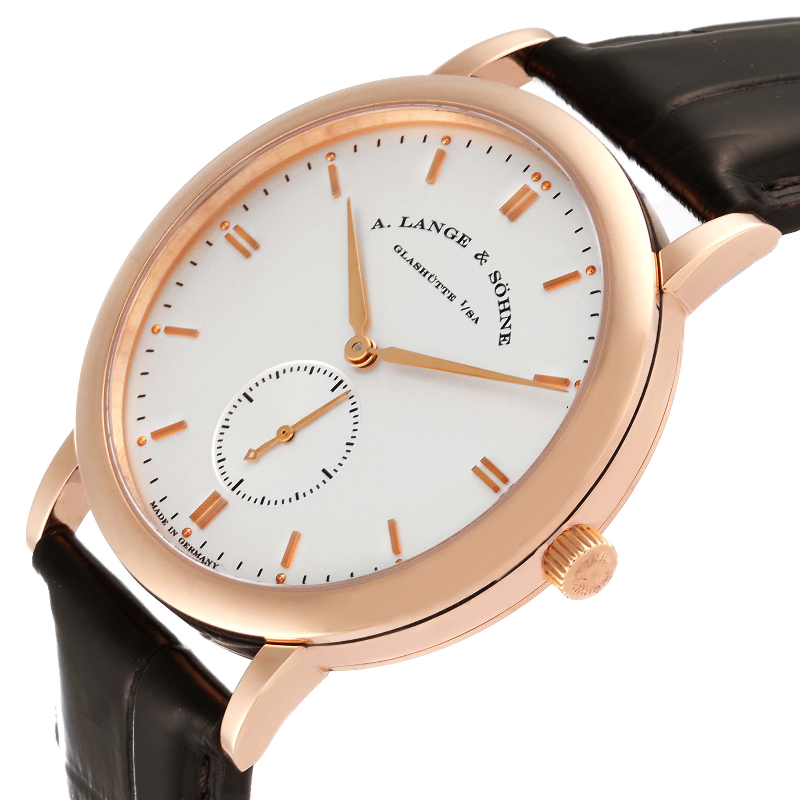 The image shows a close-up angled view of the A. Lange & Sohne Saxonia 215.032 Men's Rose Gold Silver Dial watch featuring the dial, hands, case, and part of the leather strap.