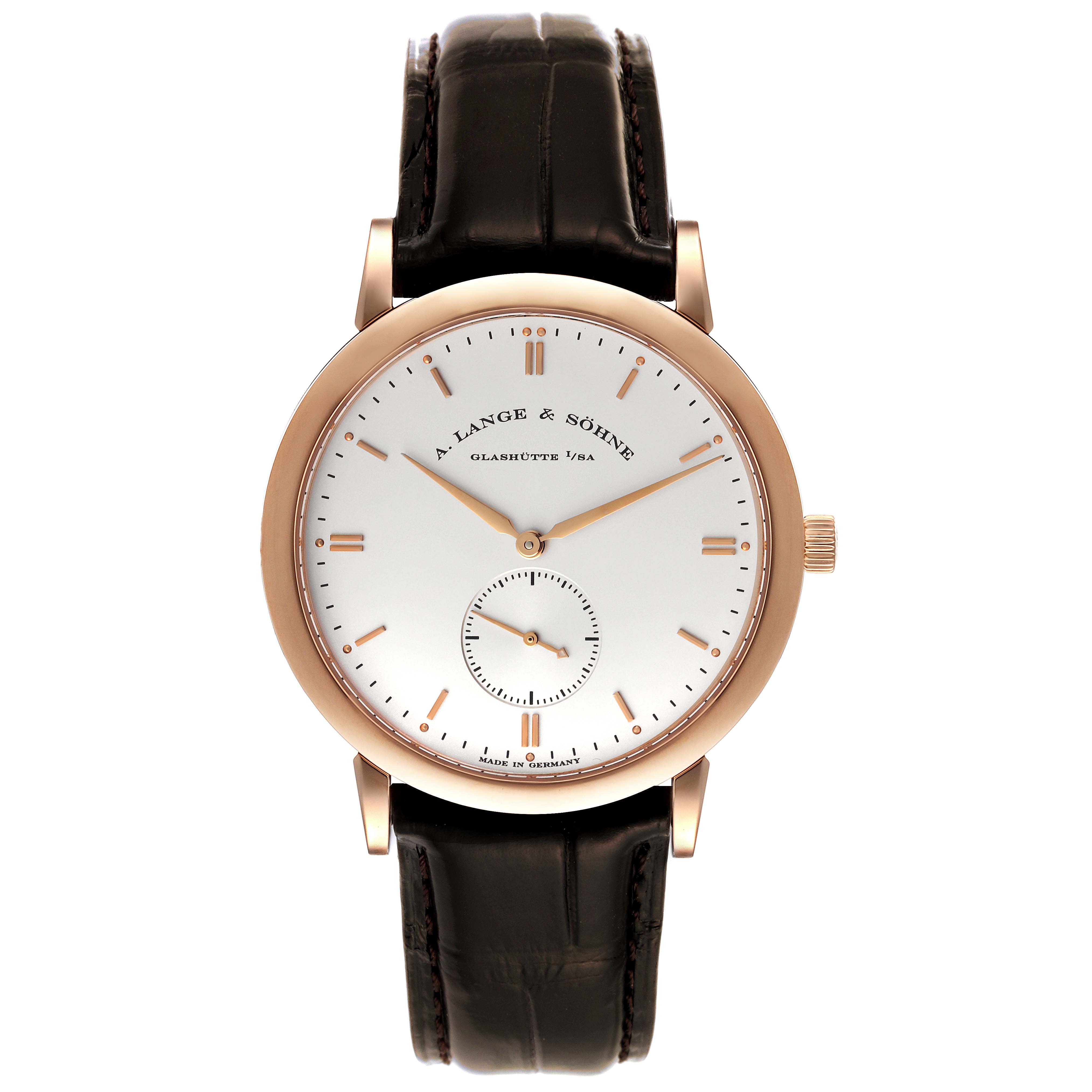 The image shows a front view of the A. Lange & Sohne Saxonia 215.032 Men's Rose Gold Silver Dial watch, featuring its round dial, hands, and leather strap.