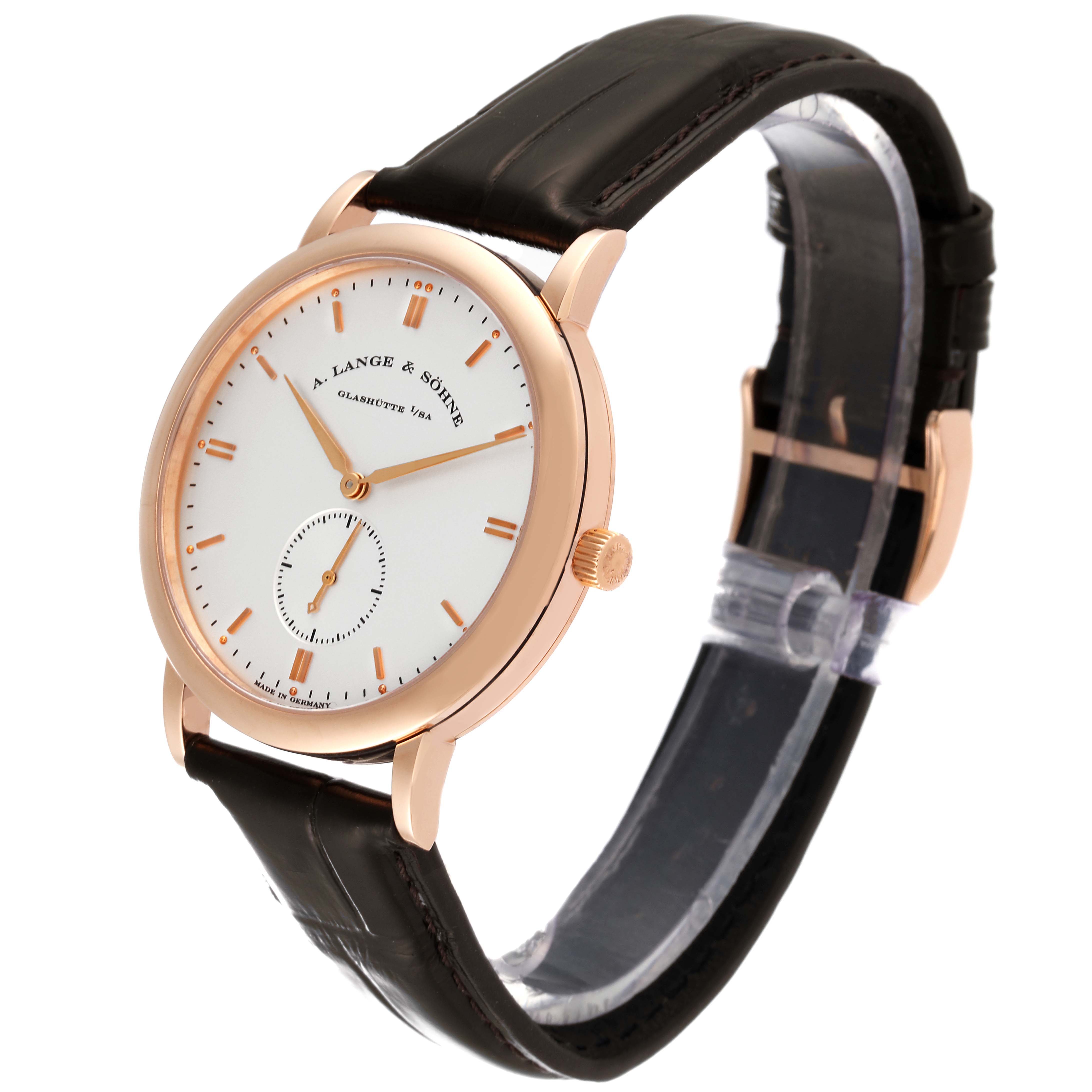 The A. Lange & Sohne Saxonia 215.032 Men's Rose Gold Silver Dial model is shown at a three-quarter angle, revealing the watch face, crown, and leather strap.