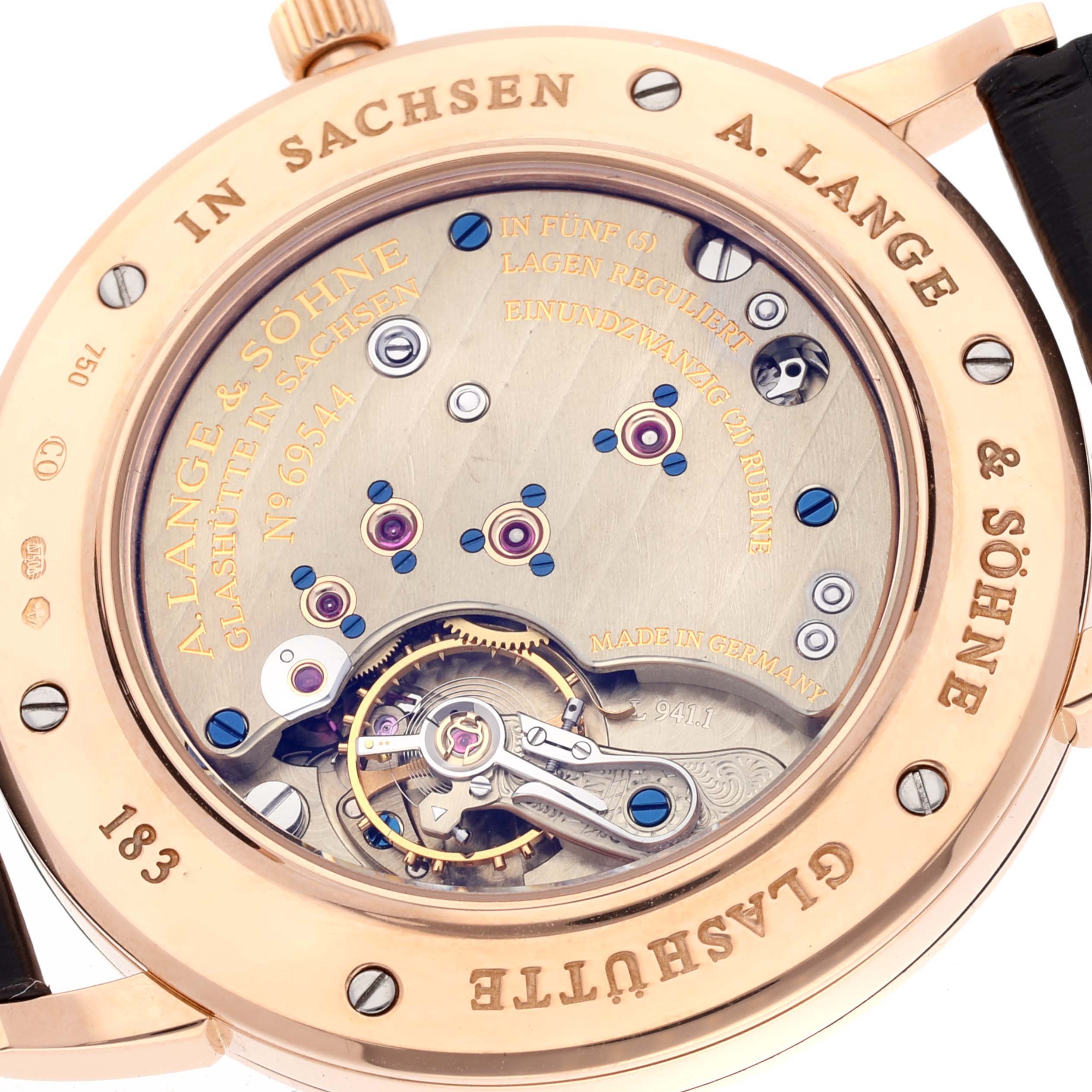 This image shows the back view of the A. Lange & Sohne Saxonia 215.032 Men's Rose Gold Silver Dial watch, highlighting its intricate movement and components.