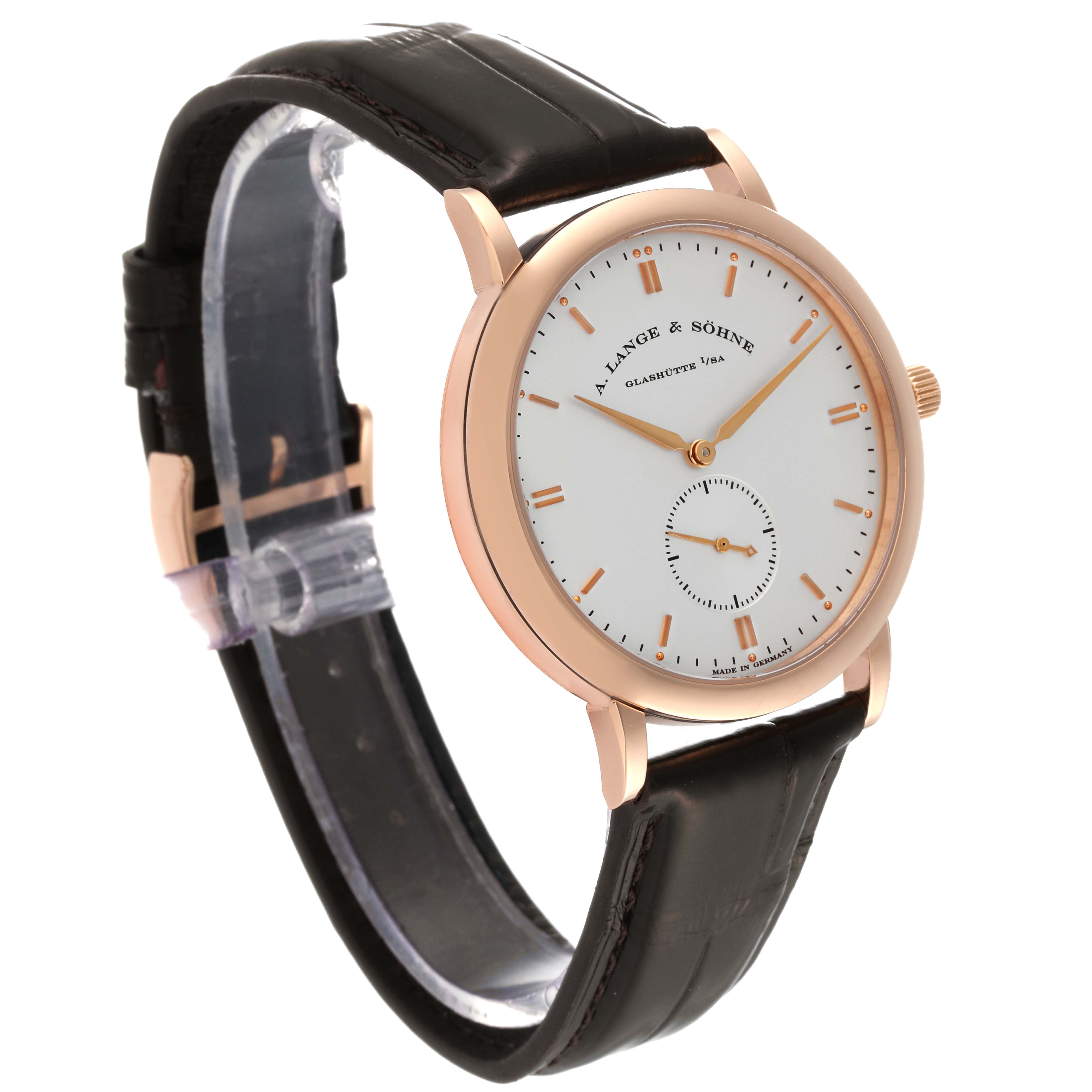 The A. Lange & Sohne Saxonia 215.032 Men's Rose Gold Silver Dial watch is shown at an oblique angle, highlighting its face, case, and leather strap.