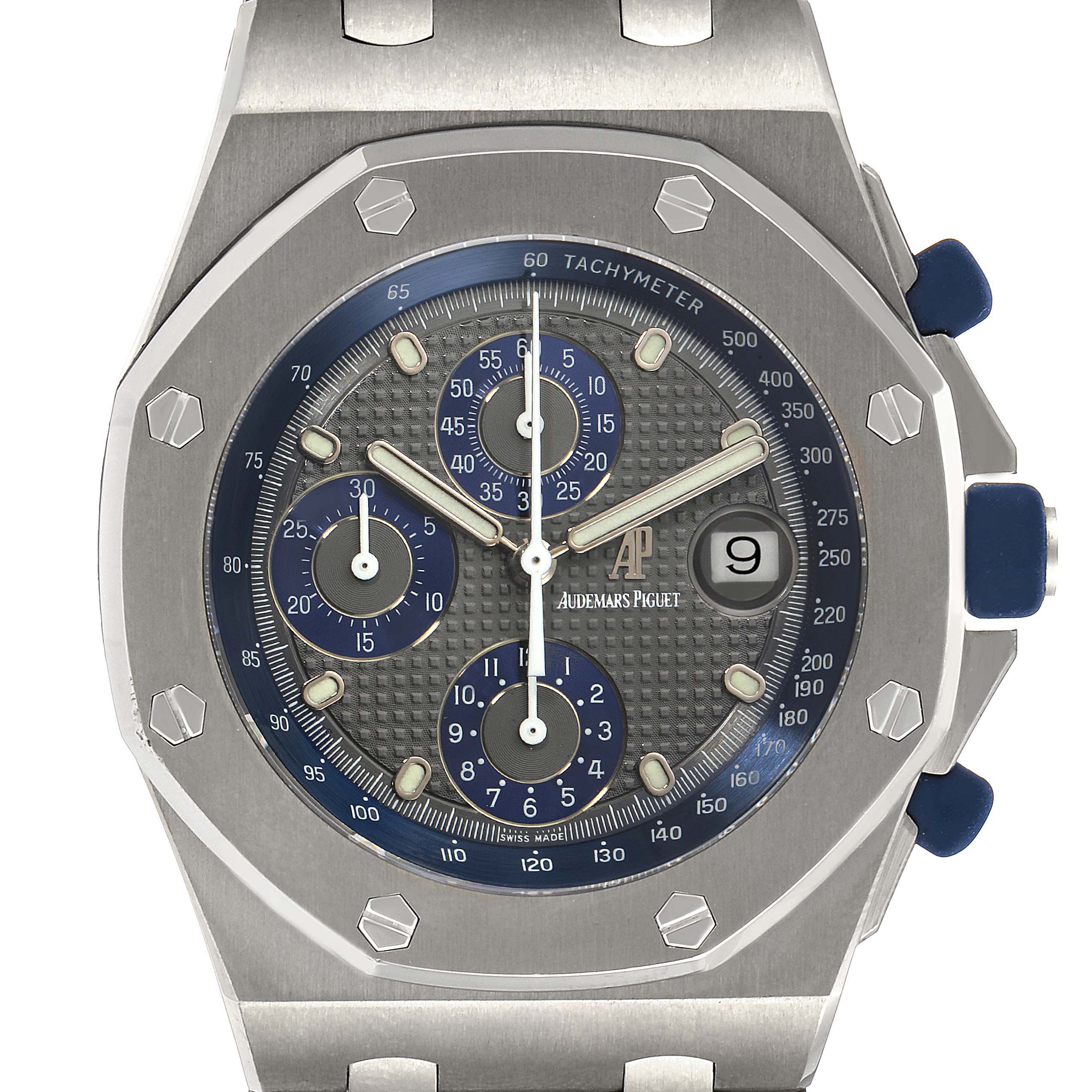 The image shows the front view of the Audemars Piguet Royal Oak Offshore 25721TI  Men's Titanium Grey Dial 25721TI  Men's Titanium Grey Dial watch, highlighting the dial, subdials, and date window.