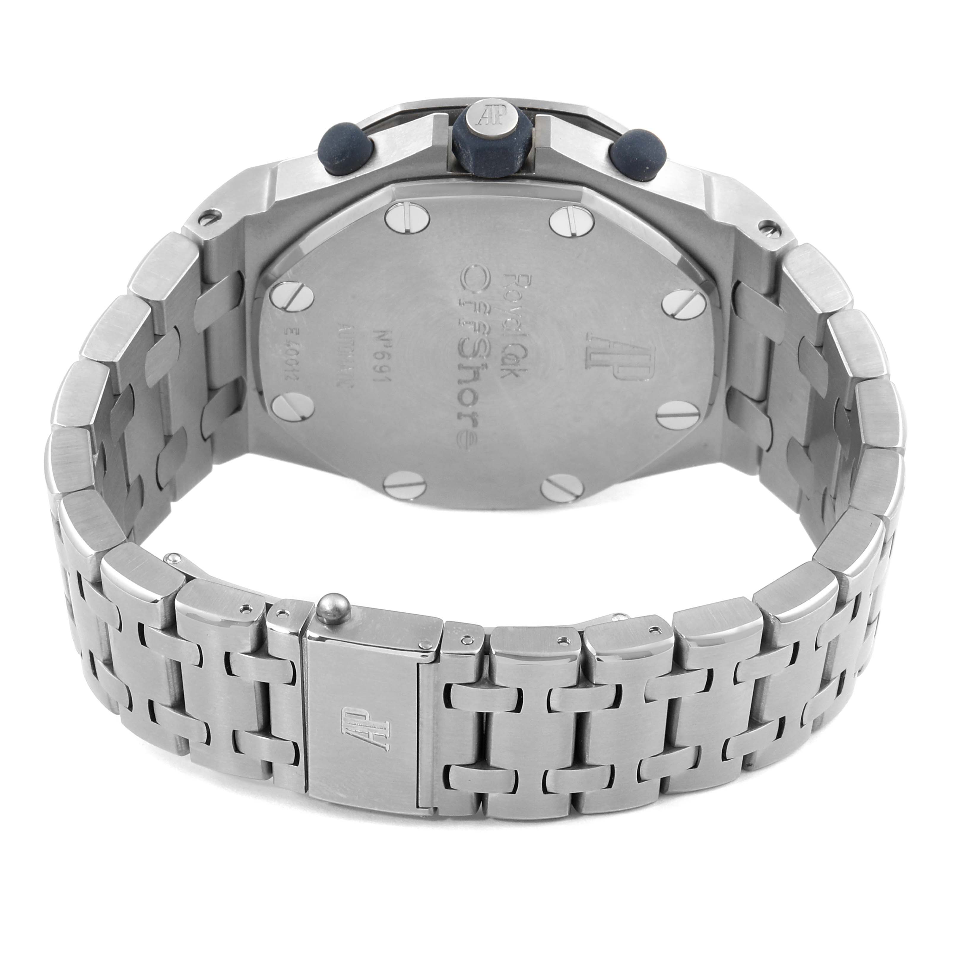 The image shows the back case and bracelet of an Audemars Piguet Royal Oak Offshore 25721TI  Men's Titanium Grey Dial 25721TI  Men's Titanium Grey Dial model watch.