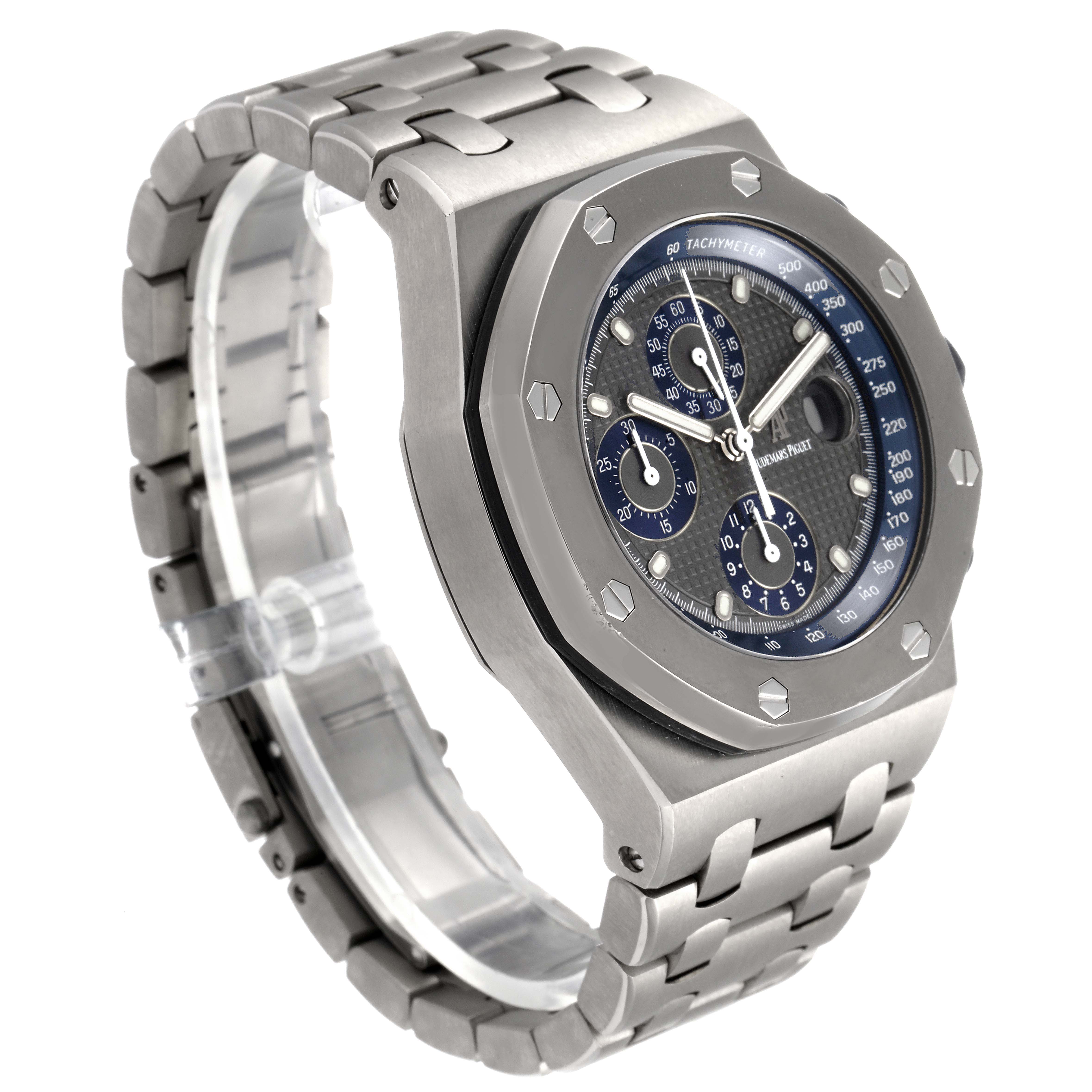 The image shows a side view of an Audemars Piguet Royal Oak Offshore 25721TI  Men's Titanium Grey Dial 25721TI  Men's Titanium Grey Dial watch, highlighting the face, bezel, and part of the bracelet.