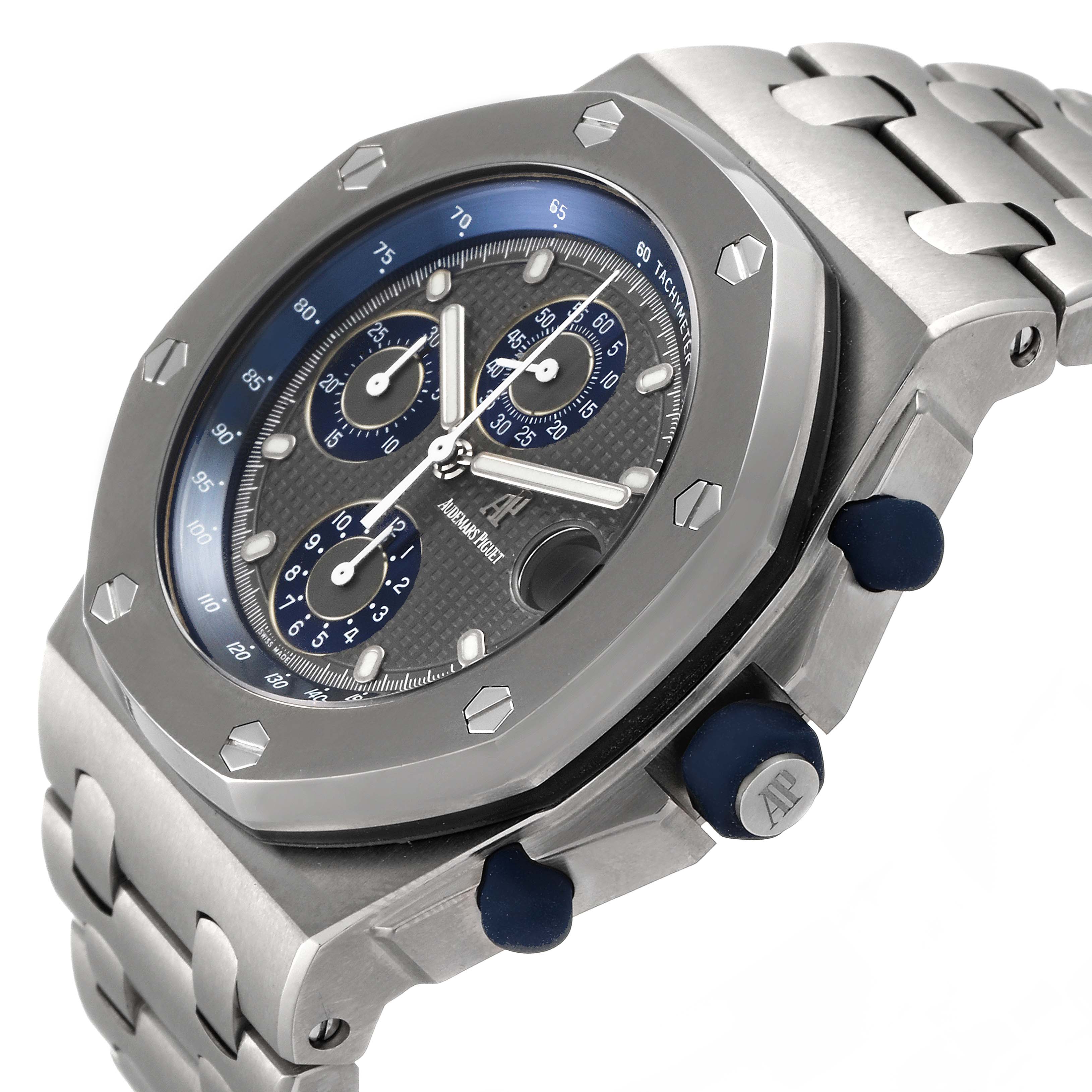 The image shows a close-up angle of the Audemars Piguet Royal Oak Offshore 25721TI  Men's Titanium Grey Dial 25721TI  Men's Titanium Grey Dial watch, highlighting the face, bezel, chronograph dials, and bracelet.