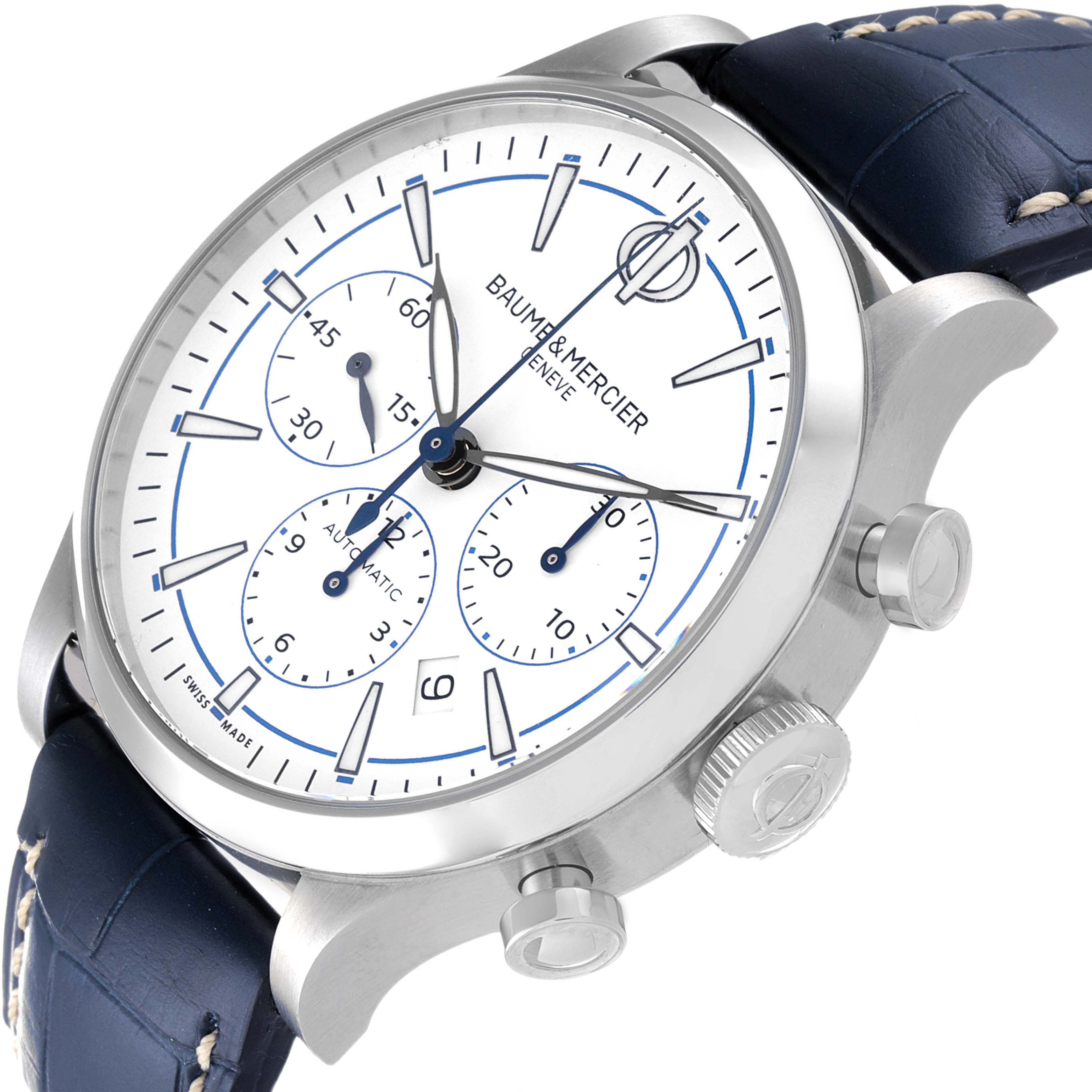 This image shows a Baume & Mercier Capeland MOA10437 Men's Stainless Steel White Dial MOA10437 Men's Stainless Steel White Dial watch at a slight angle, highlighting the face, sub-dials, and side buttons.