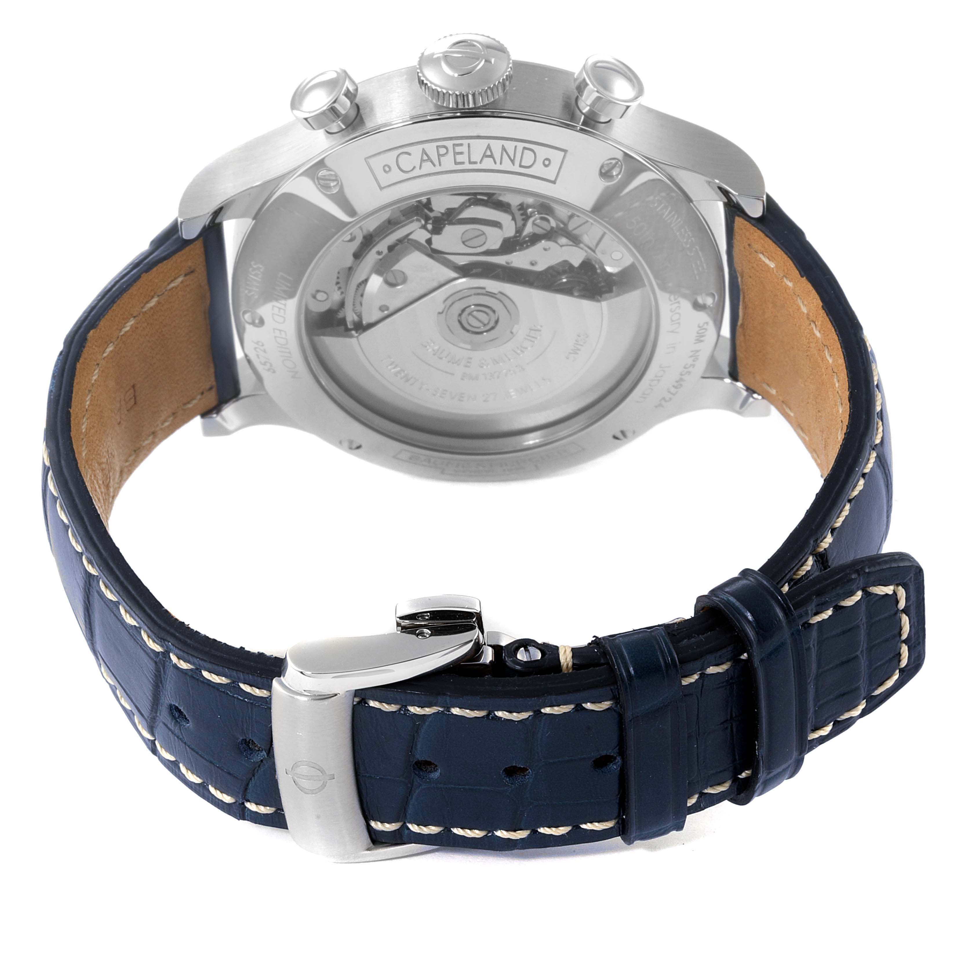 This Baume & Mercier Capeland MOA10437 Men's Stainless Steel White Dial MOA10437 Men's Stainless Steel White Dial watch is shown from the back, highlighting the strap, clasp, and transparent case back.