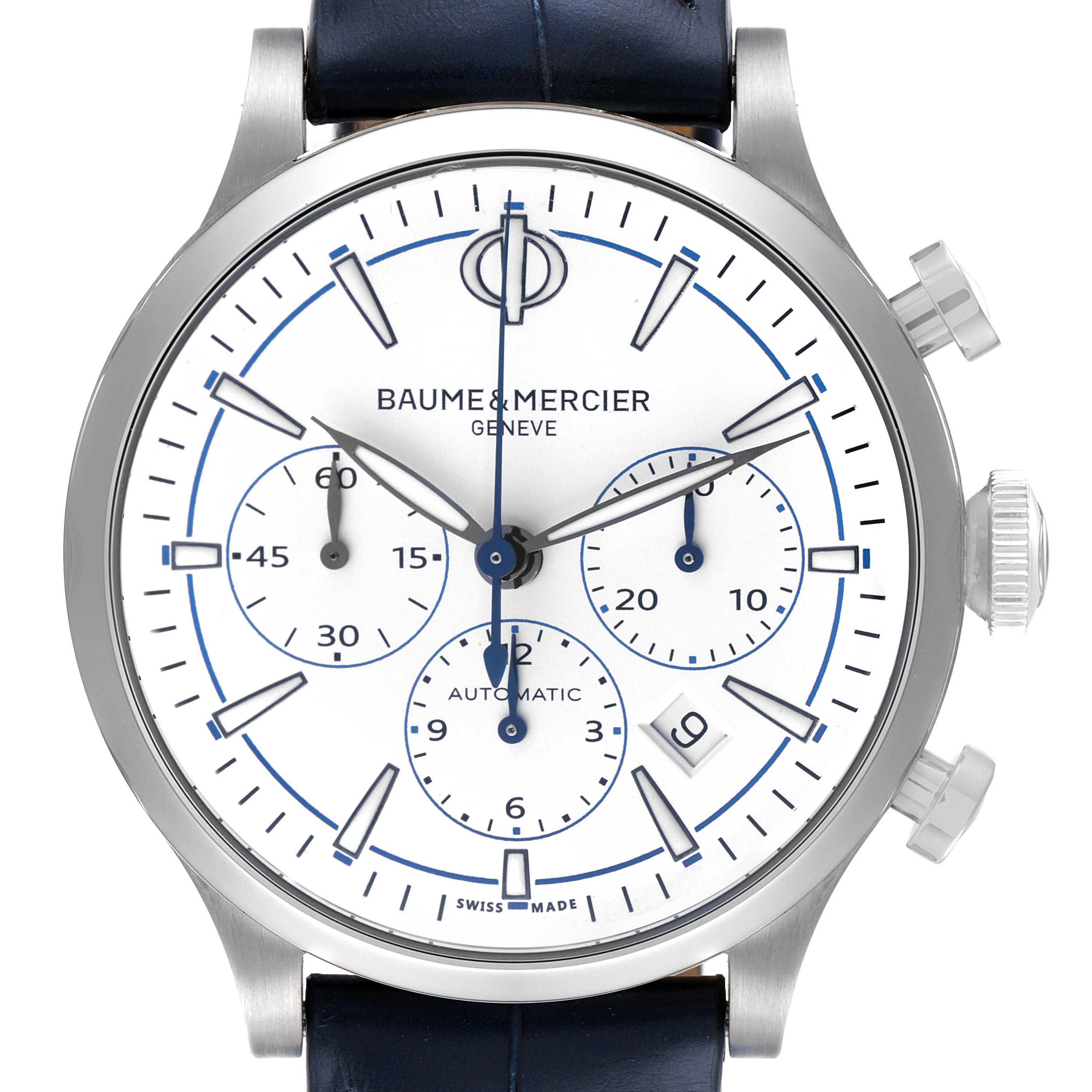 This is a frontal view of the Baume & Mercier Capeland MOA10437 Men's Stainless Steel White Dial MOA10437 Men's Stainless Steel White Dial watch displaying the dial with chronograph sub-dials and hour markers.