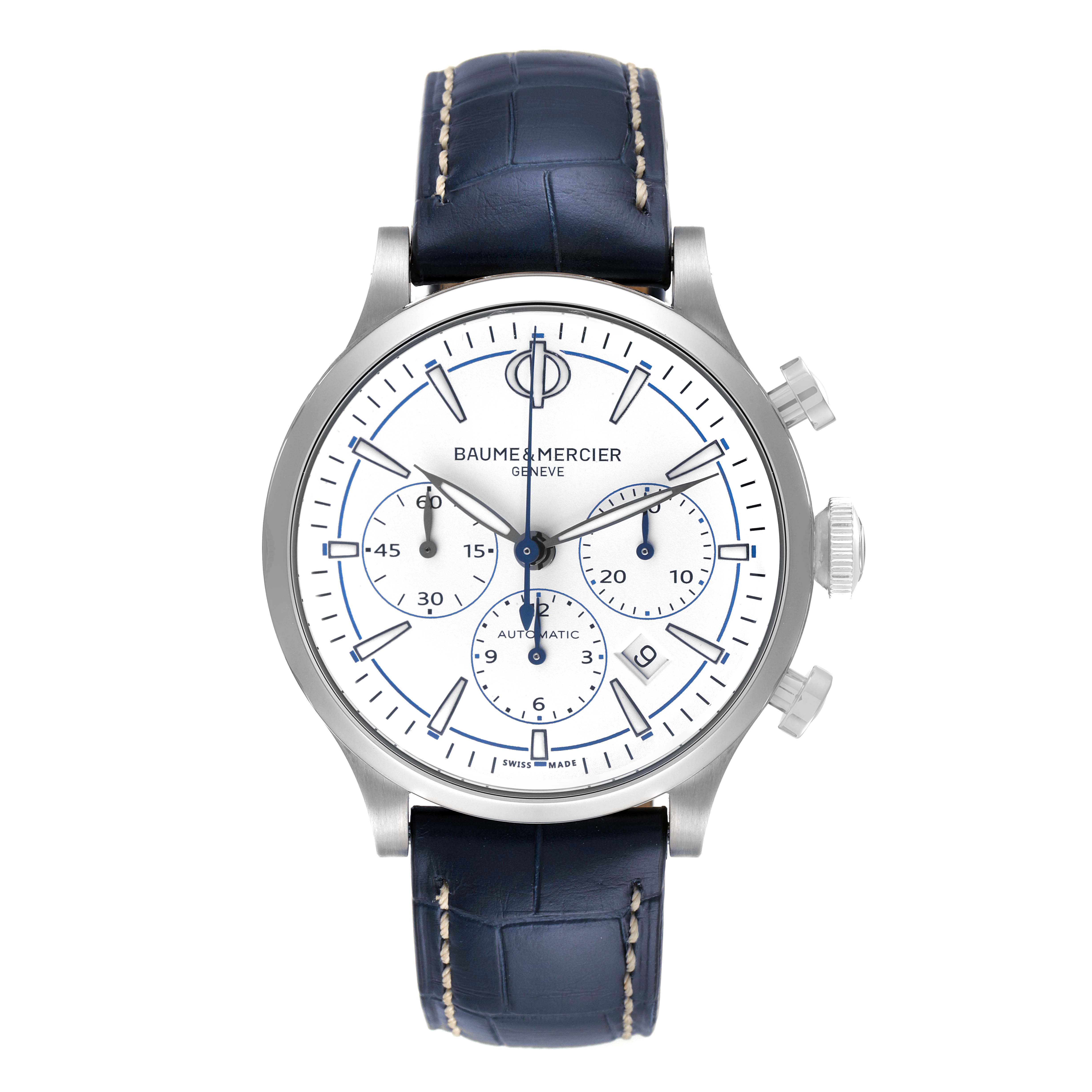 This image shows a front view of the Baume & Mercier Capeland MOA10437 Men's Stainless Steel White Dial MOA10437 Men's Stainless Steel White Dial watch, displaying its dial, hands, and blue leather strap.