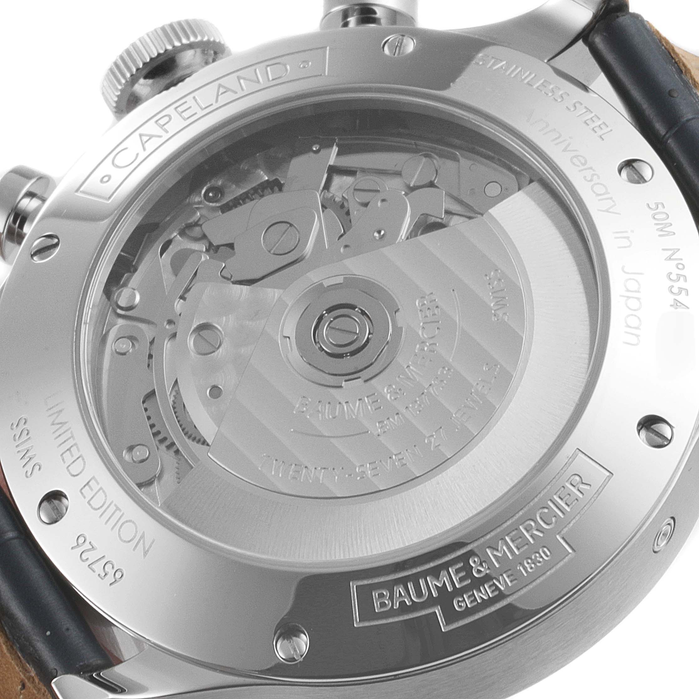 This is the back view of a Baume & Mercier Capeland MOA10437 Men's Stainless Steel White Dial MOA10437 Men's Stainless Steel White Dial watch, showing its inner mechanical movement and engravings.