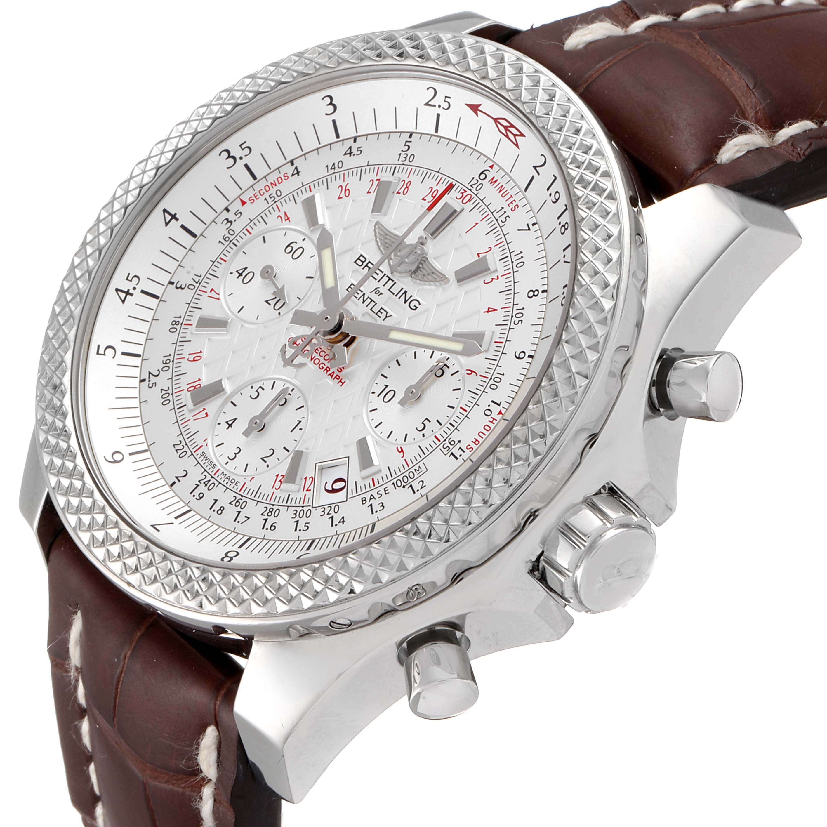 The image shows a close-up side angle of the Breitling Bentley AB0521U0/A768/789P/A20BA.1 Men's Stainless Steel Silver Dial AB0521U0/A768/789P/A20BA.1 Men's Stainless Steel Silver Dial model watch, highlighting its face, bezel, and pushers.