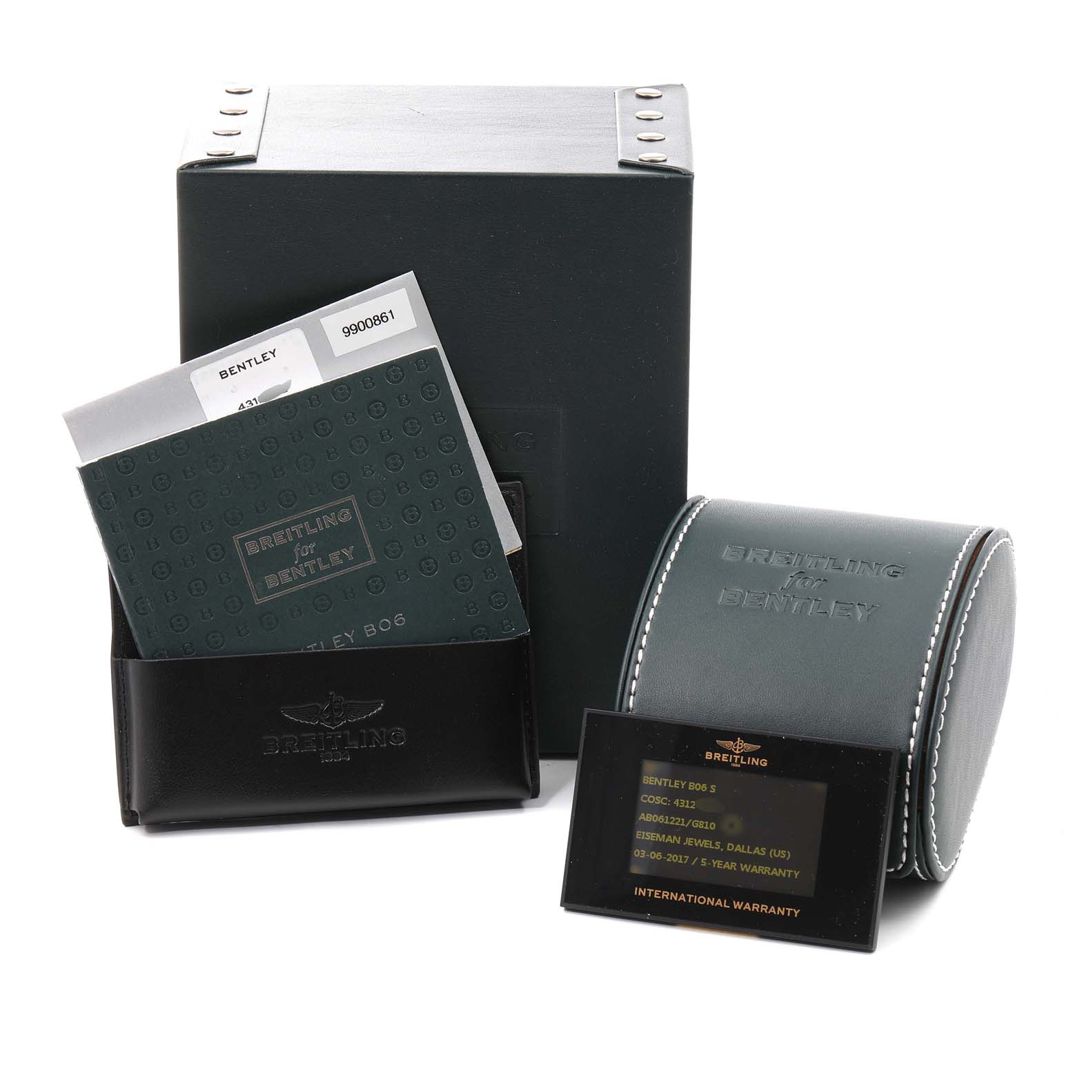 The image shows the packaging, manuals, warranty card, and watch box for the Breitling Bentley AB0521U0/A768/789P/A20BA.1 Men's Stainless Steel Silver Dial AB0521U0/A768/789P/A20BA.1 Men's Stainless Steel Silver Dial model.