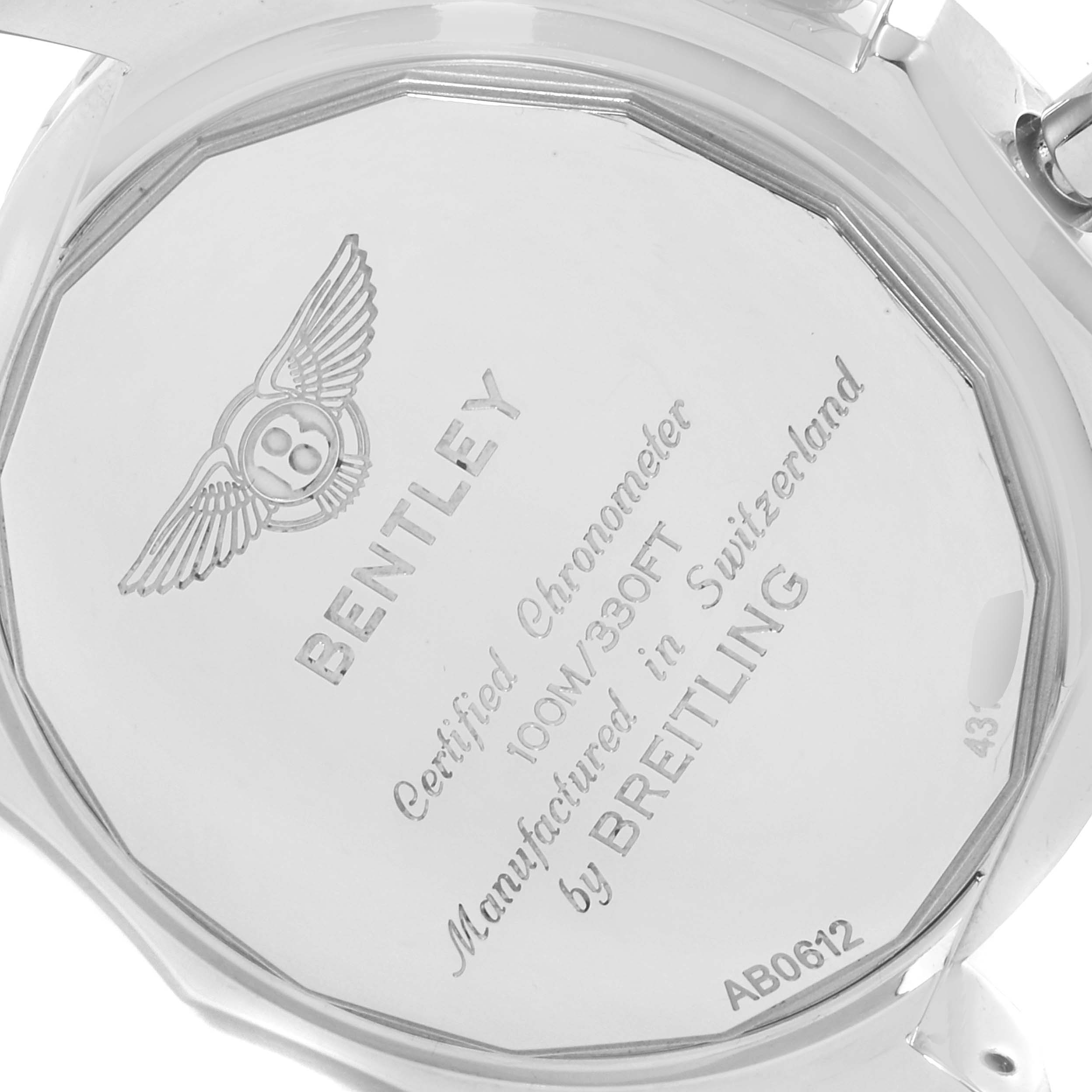 The image shows the back case of a Breitling Bentley AB0521U0/A768/789P/A20BA.1 Men's Stainless Steel Silver Dial AB0521U0/A768/789P/A20BA.1 Men's Stainless Steel Silver Dial watch, displaying its engravings and branding details.