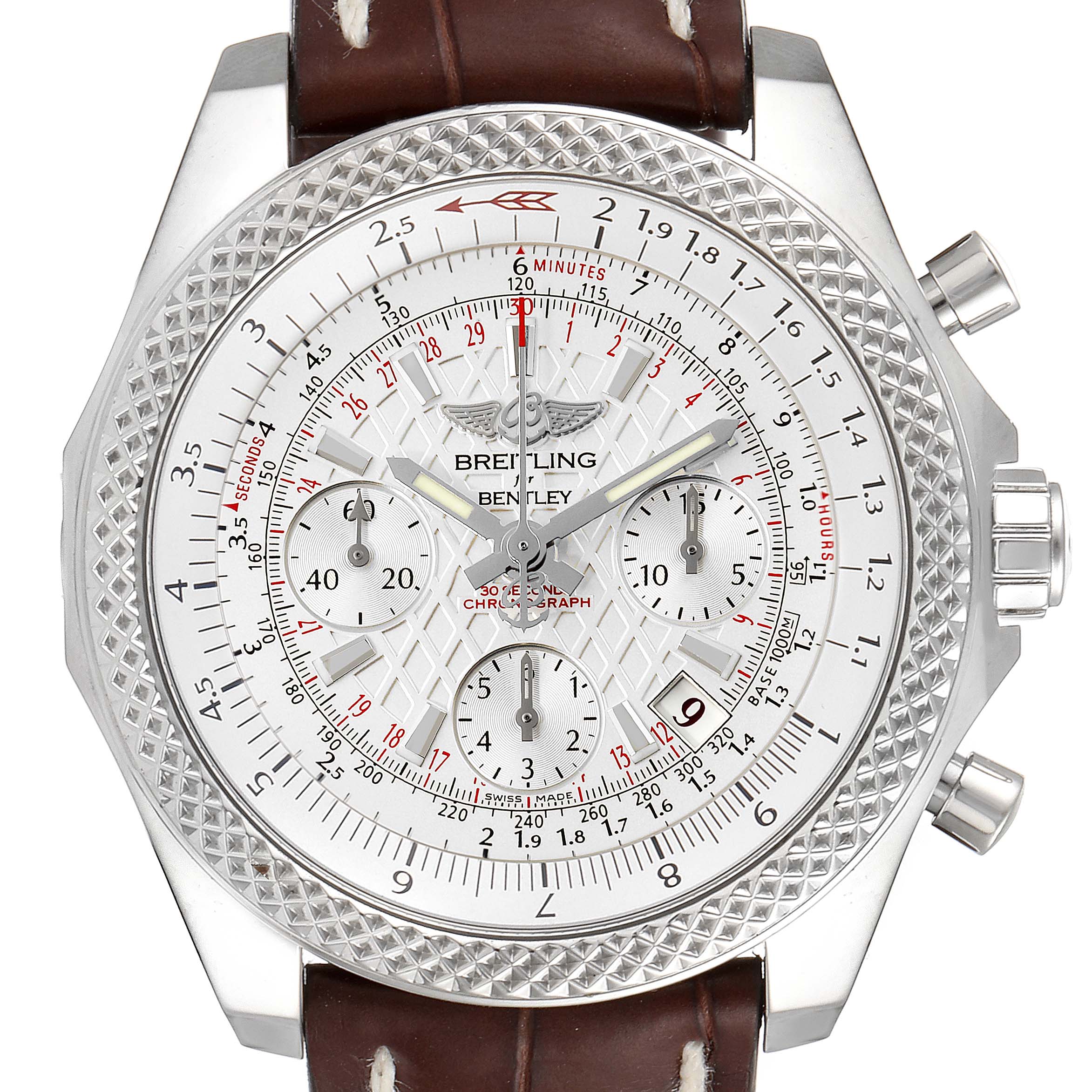 The Breitling Bentley AB0521U0/A768/789P/A20BA.1 Men's Stainless Steel Silver Dial AB0521U0/A768/789P/A20BA.1 Men's Stainless Steel Silver Dial watch is shown from the front, displaying its white dial, chronograph subdials, and brown leather strap.