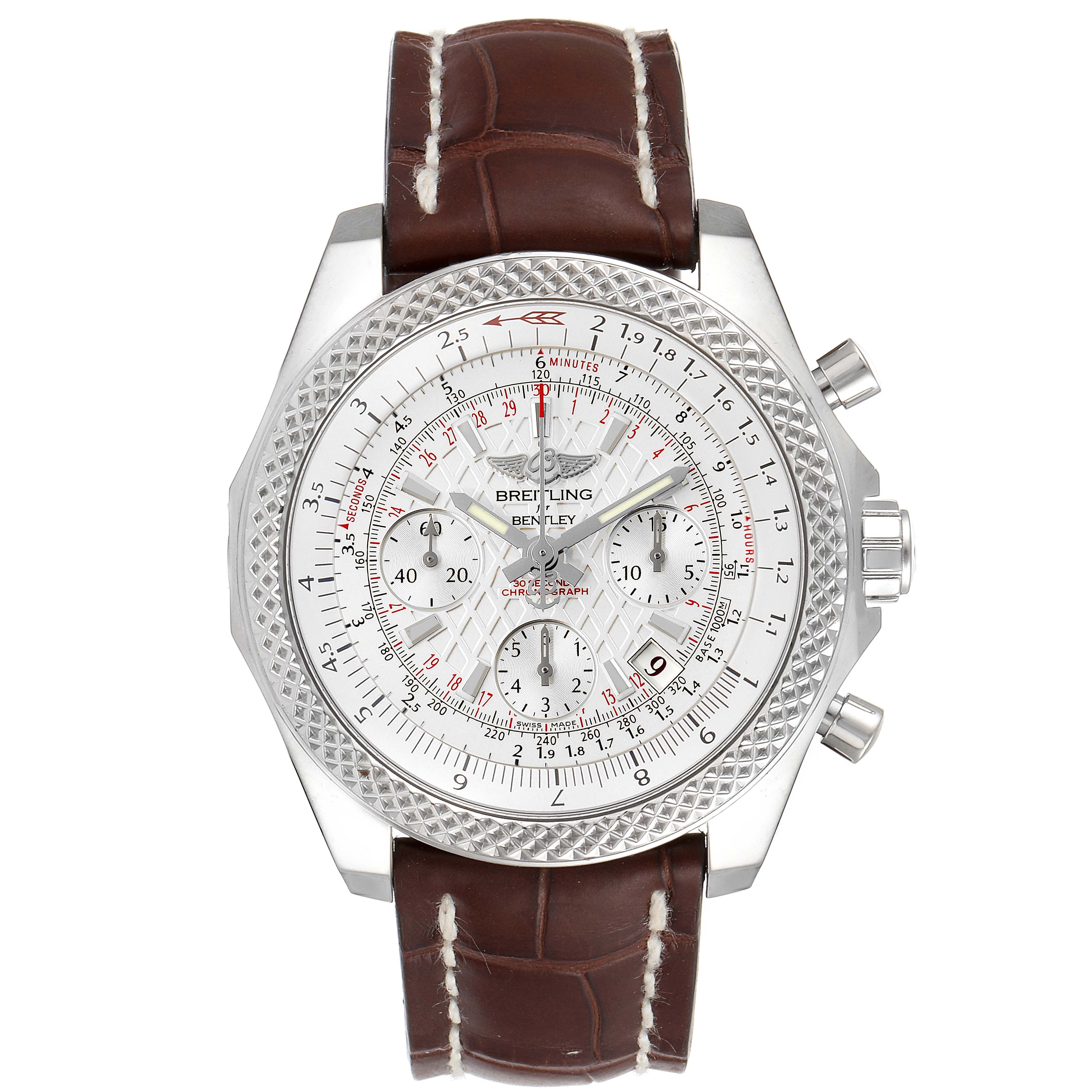 The image shows a front view of the Breitling Bentley AB0521U0/A768/789P/A20BA.1 Men's Stainless Steel Silver Dial AB0521U0/A768/789P/A20BA.1 Men's Stainless Steel Silver Dial watch, highlighting the dial, bezel, and brown leather strap.