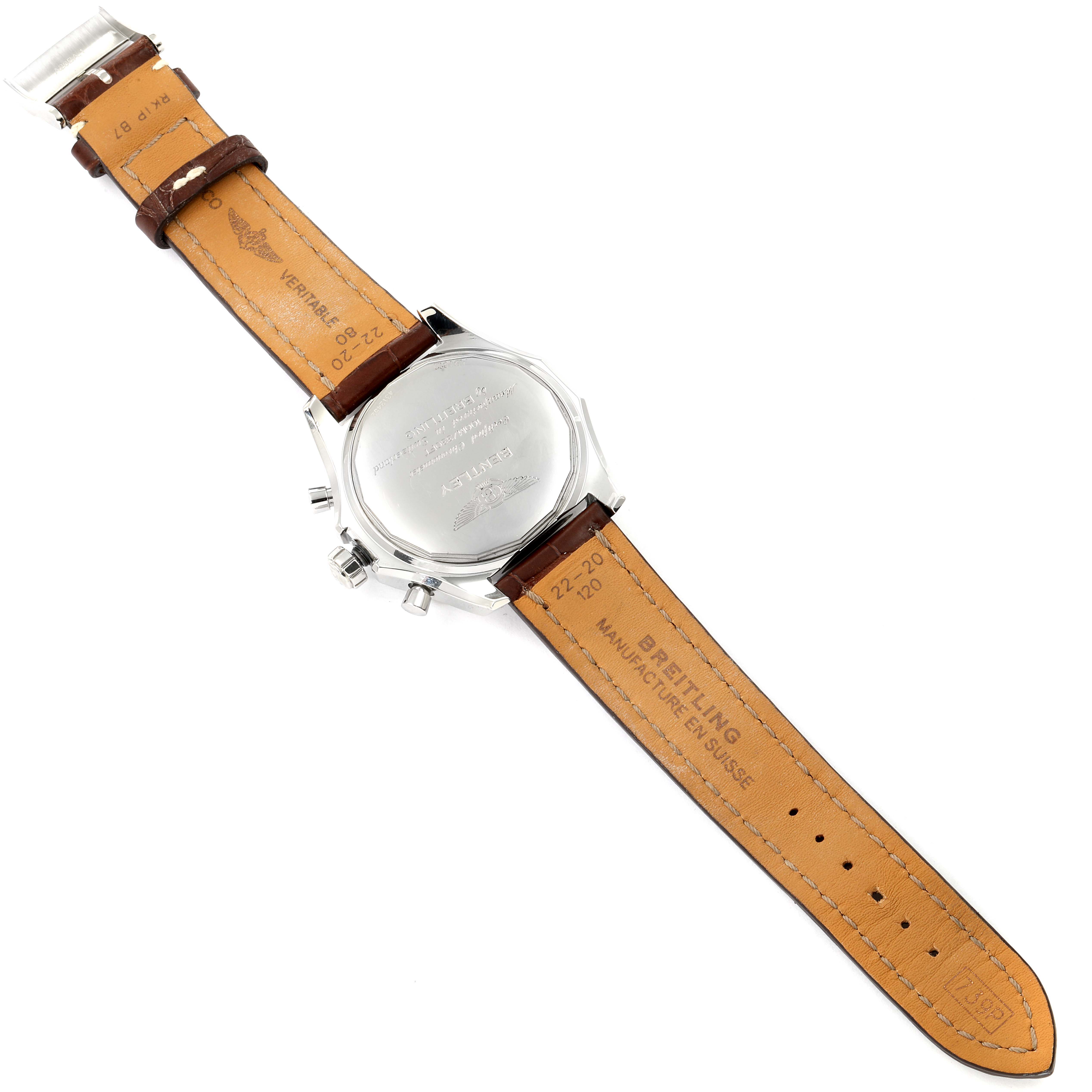 This image shows the back case and leather strap of a Breitling Bentley AB0521U0/A768/789P/A20BA.1 Men's Stainless Steel Silver Dial AB0521U0/A768/789P/A20BA.1 Men's Stainless Steel Silver Dial watch, viewed from the underside.