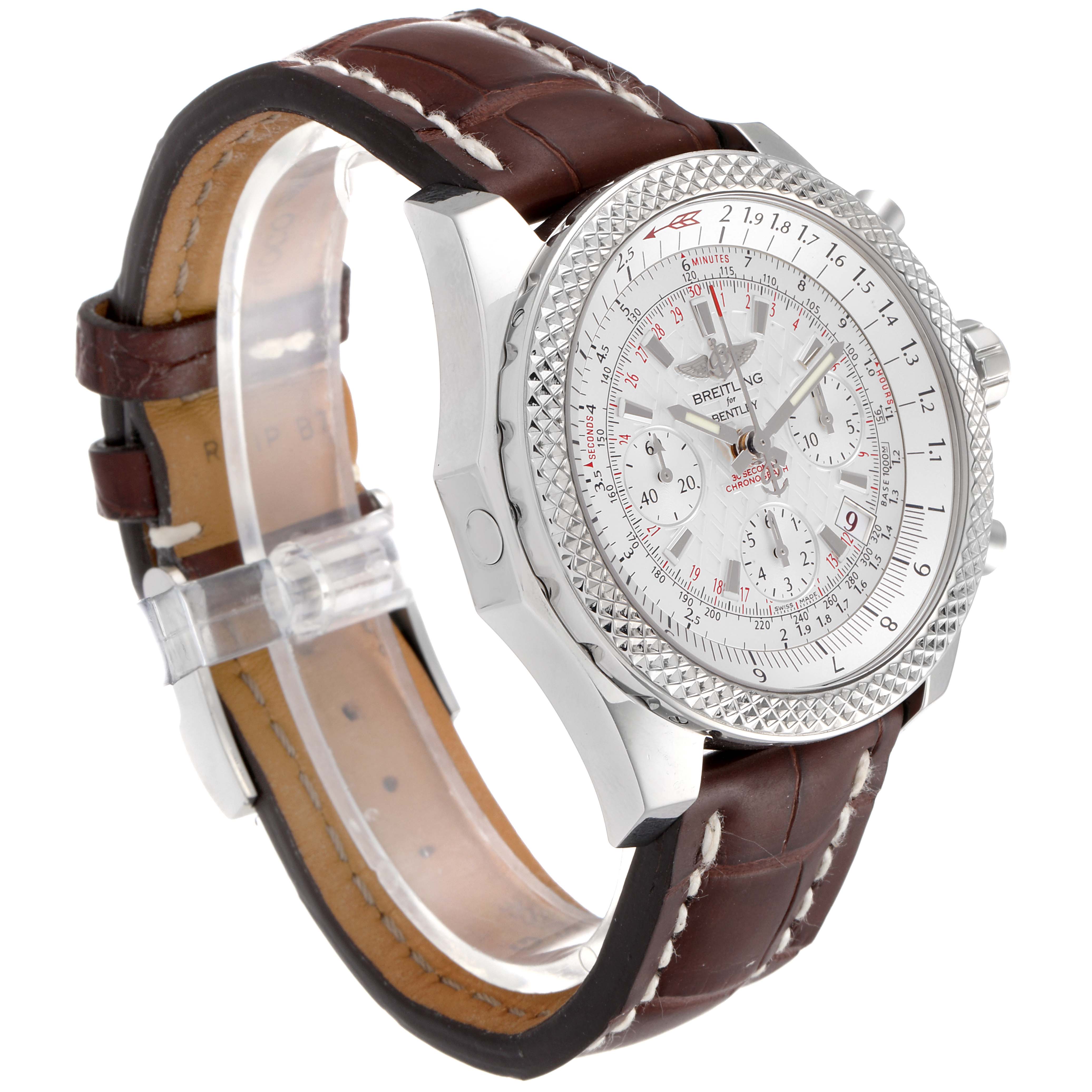 This Breitling Bentley AB0521U0/A768/789P/A20BA.1 Men's Stainless Steel Silver Dial AB0521U0/A768/789P/A20BA.1 Men's Stainless Steel Silver Dial model watch is shown at an angle, highlighting its brown leather strap and intricately detailed face.