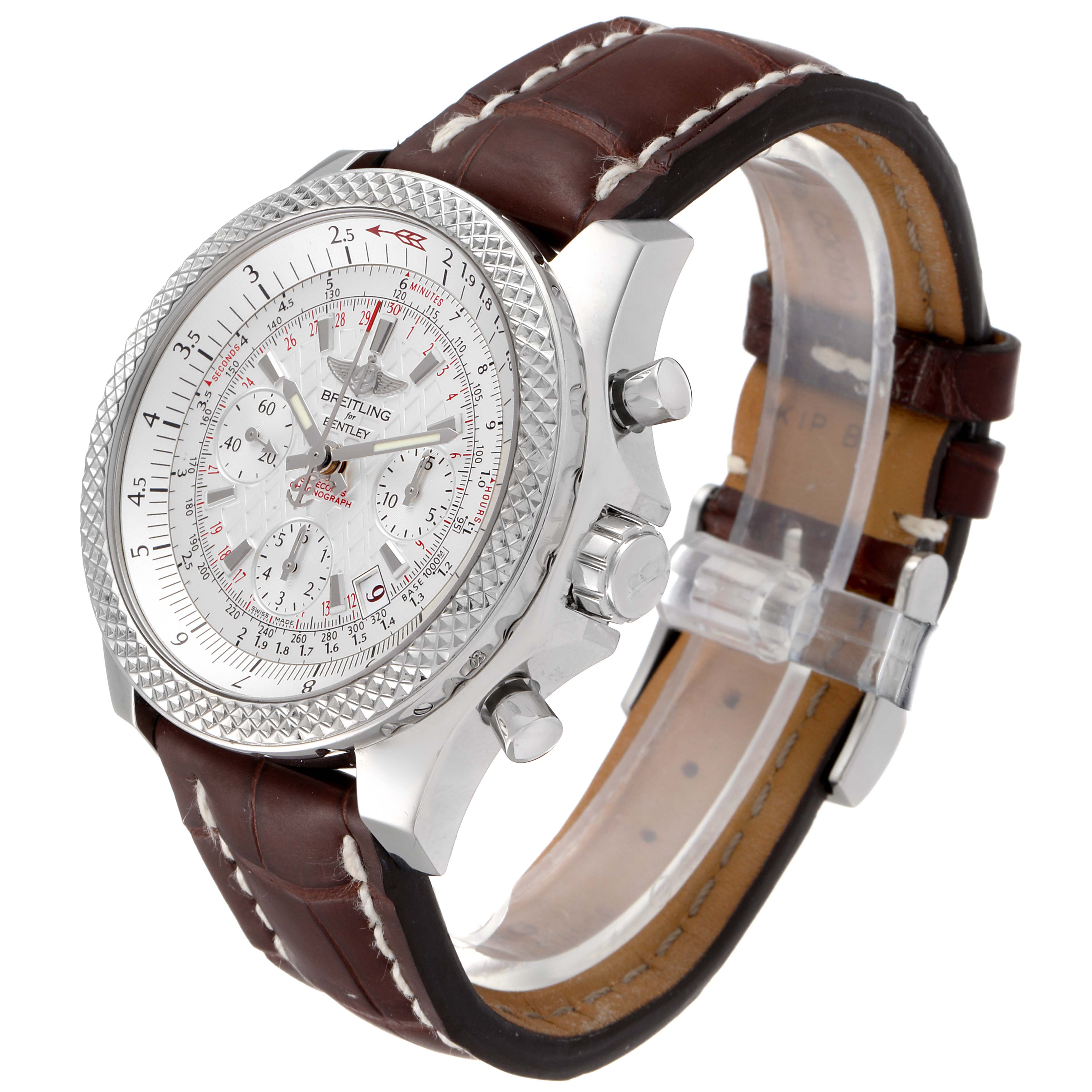 The Bentley model by Breitling is shown from a side angle, highlighting the face, bezel, chronograph pushers, and brown leather strap.