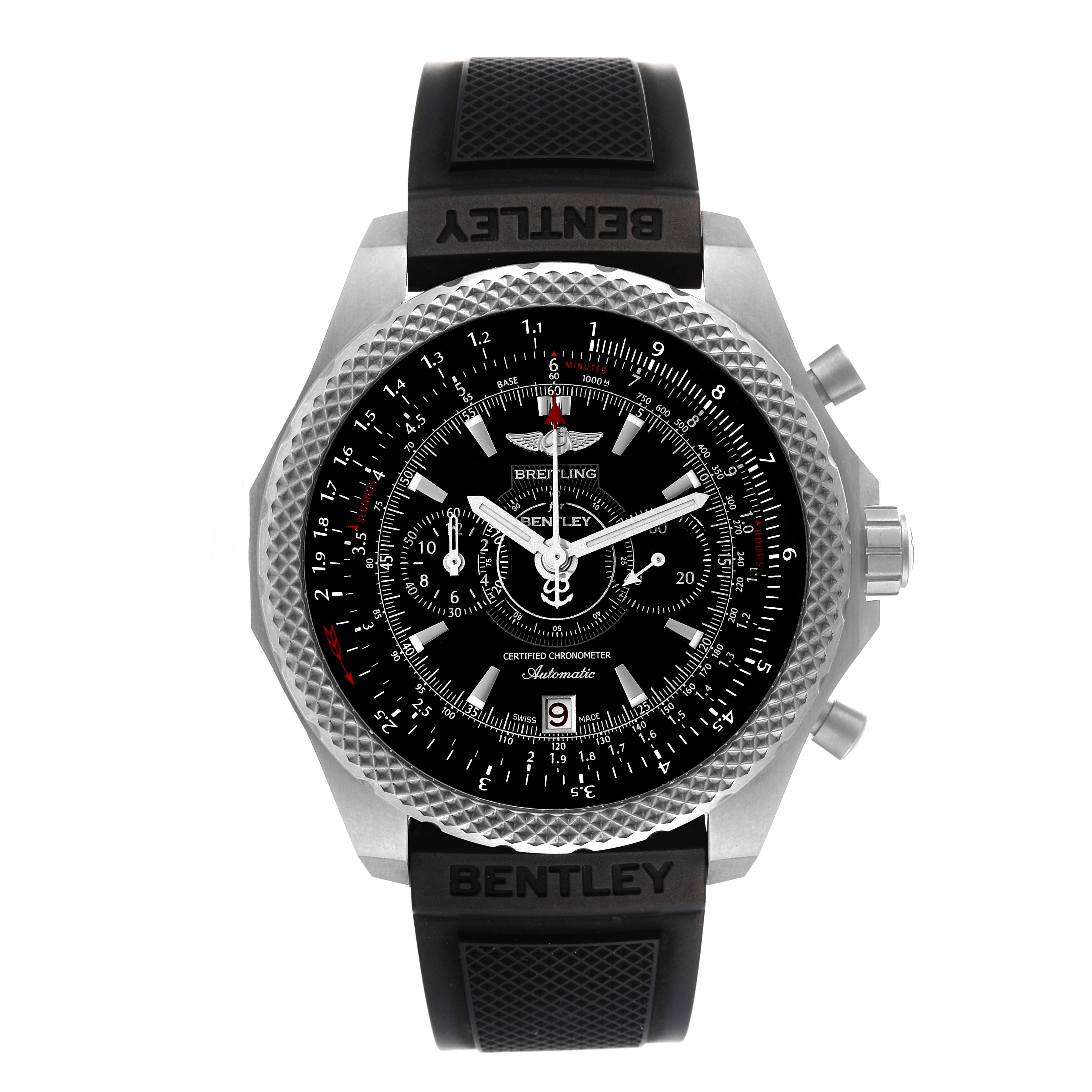 This image shows a front view of the Breitling Bentley E2736522/BC63 Men's Titanium Black Dial E2736522/BC63 Men's Titanium Black Dial watch, highlighting its face, bezel, dial, and rubber strap.