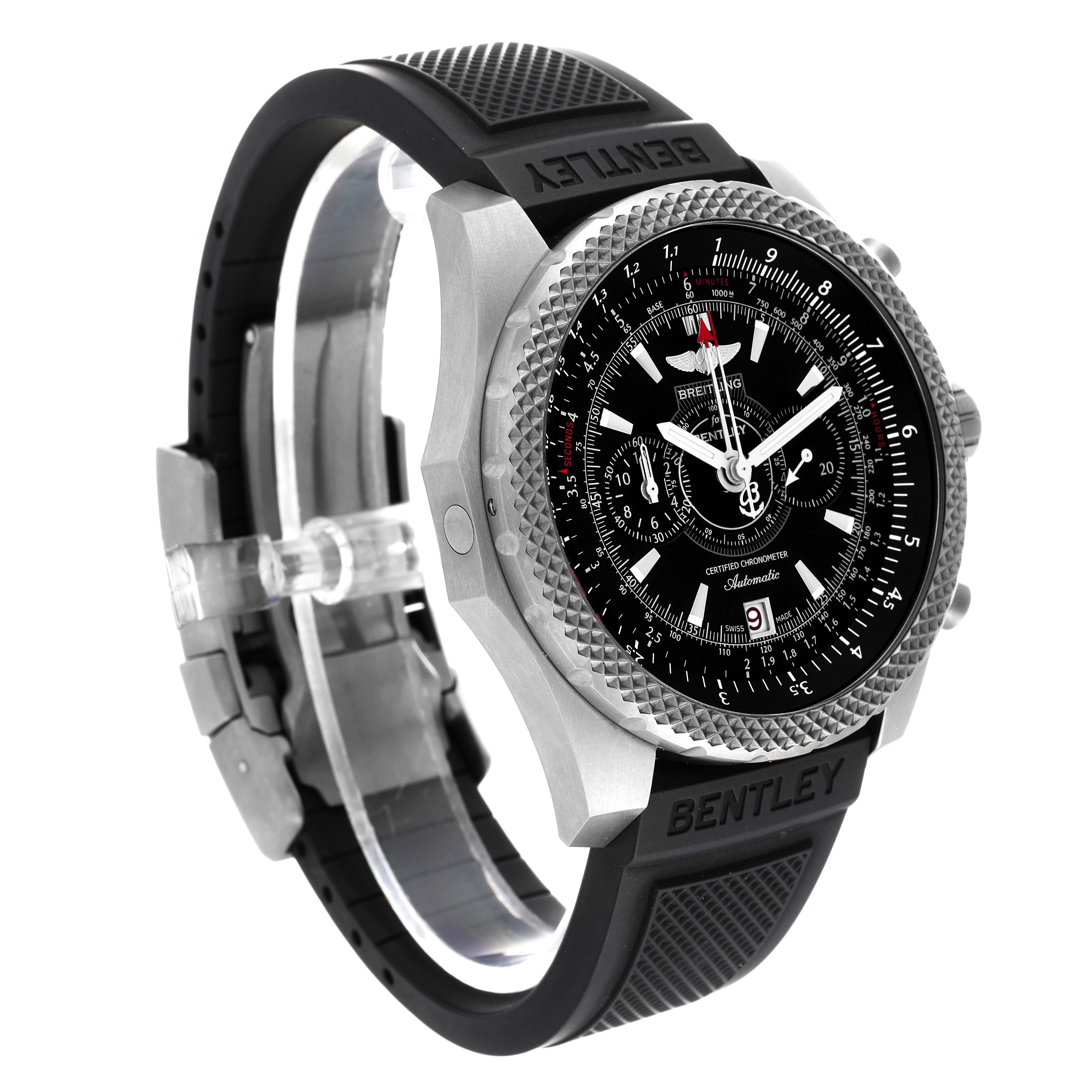 The Breitling Bentley E2736522/BC63 Men's Titanium Black Dial E2736522/BC63 Men's Titanium Black Dial watch is shown at a three-quarter view, displaying its face, bezel, crown, and textured rubber strap.