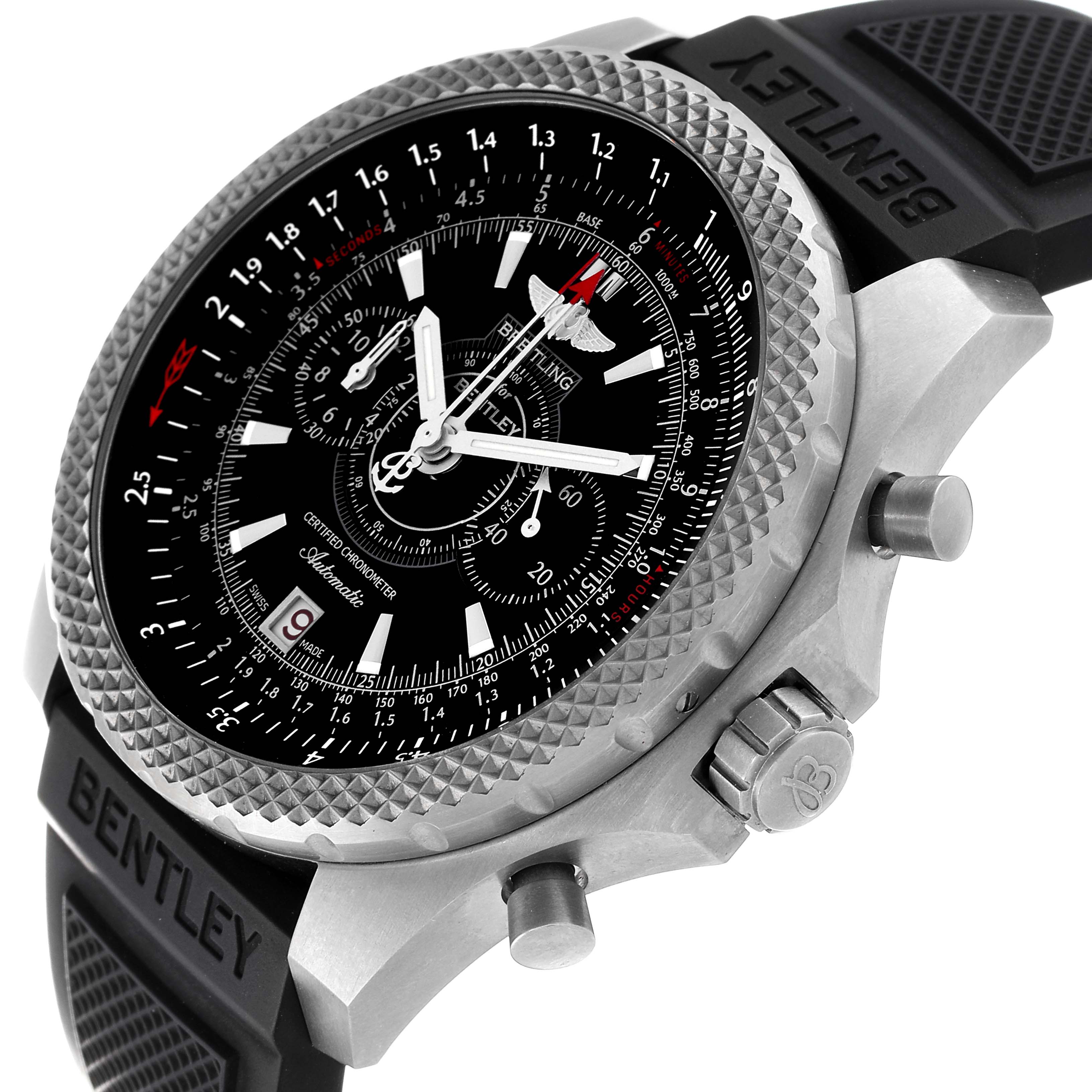 The image shows a close-up view of the dial, bezel, and side push buttons of the Breitling Bentley E2736522/BC63 Men's Titanium Black Dial E2736522/BC63 Men's Titanium Black Dial model watch.