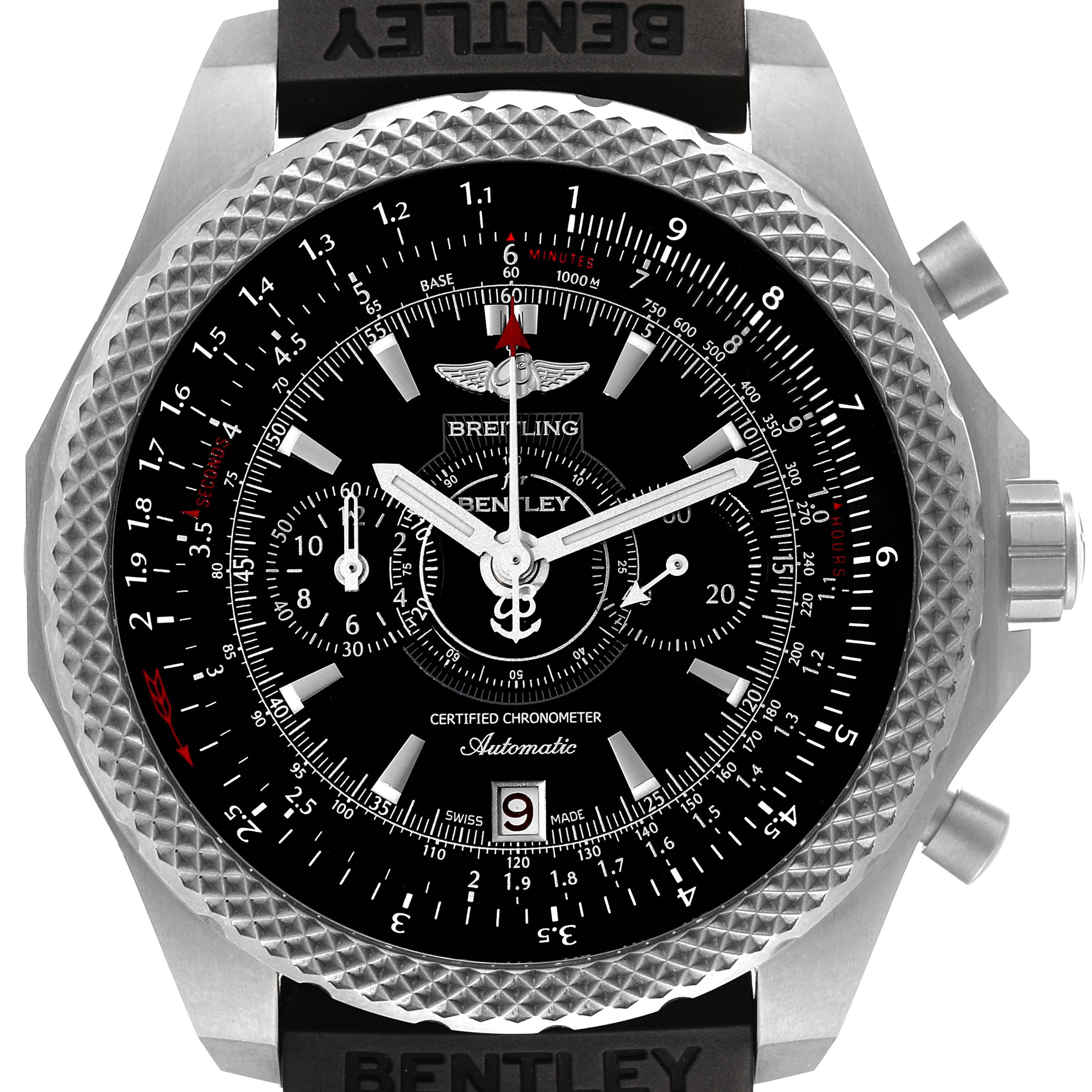 The image shows a front view of the Breitling Bentley E2736522/BC63 Men's Titanium Black Dial E2736522/BC63 Men's Titanium Black Dial watch, displaying the dial, bezel, crown, and pushers.