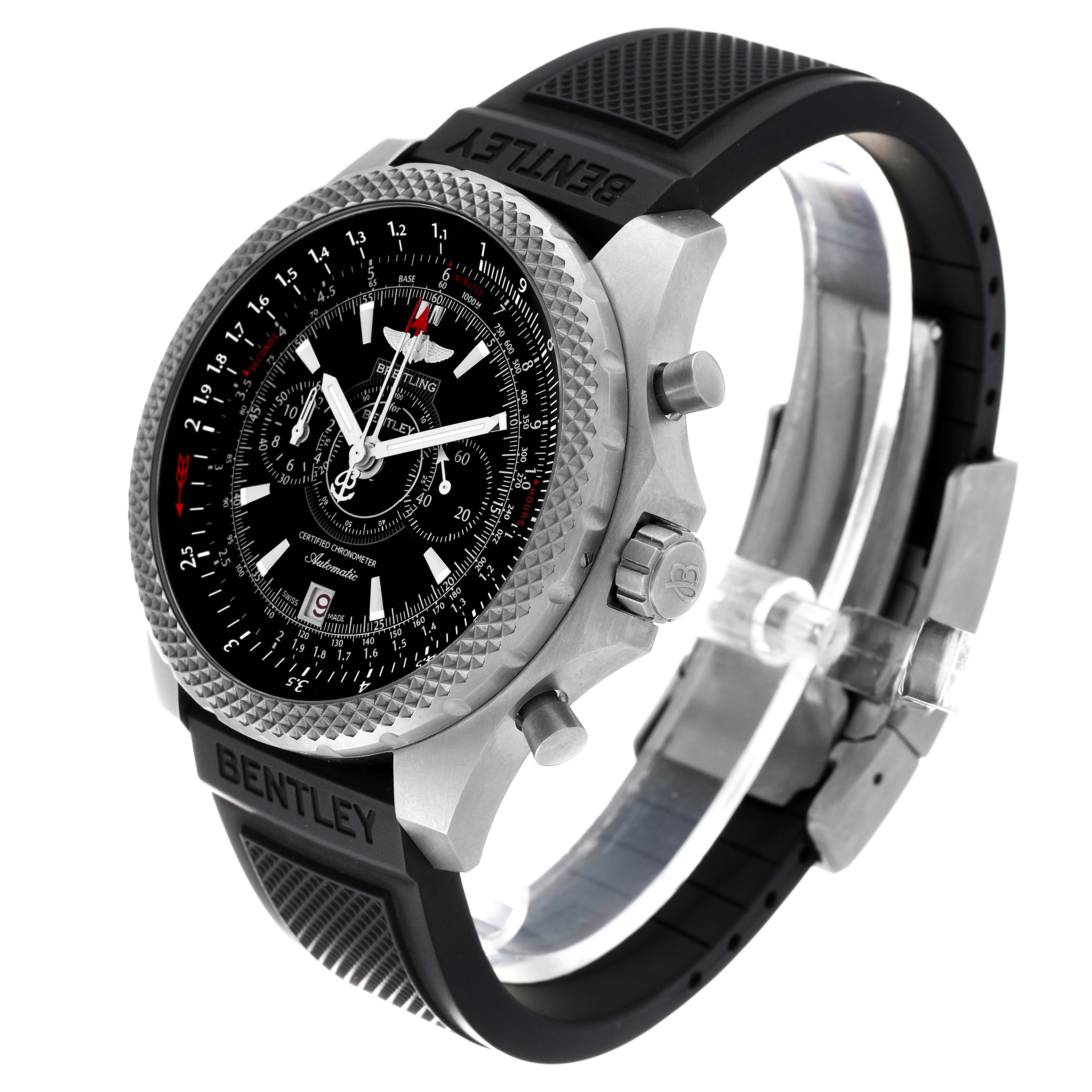 This image shows a Breitling Bentley E2736522/BC63 Men's Titanium Black Dial E2736522/BC63 Men's Titanium Black Dial model watch at a slight side angle, displaying the face, bezel, and part of the band.