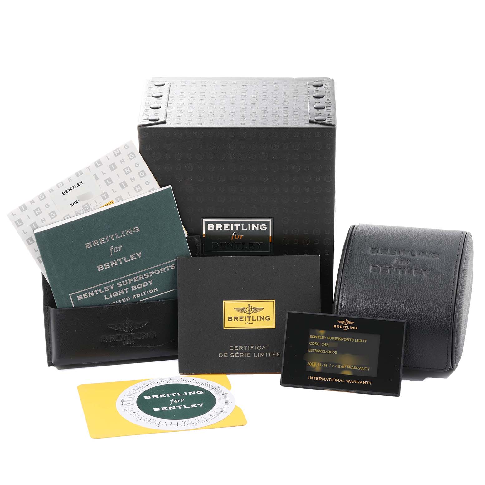 The image shows accessories for the Breitling Bentley E2736522/BC63 Men's Titanium Black Dial E2736522/BC63 Men's Titanium Black Dial model watch, including packaging, booklets, and warranty cards.