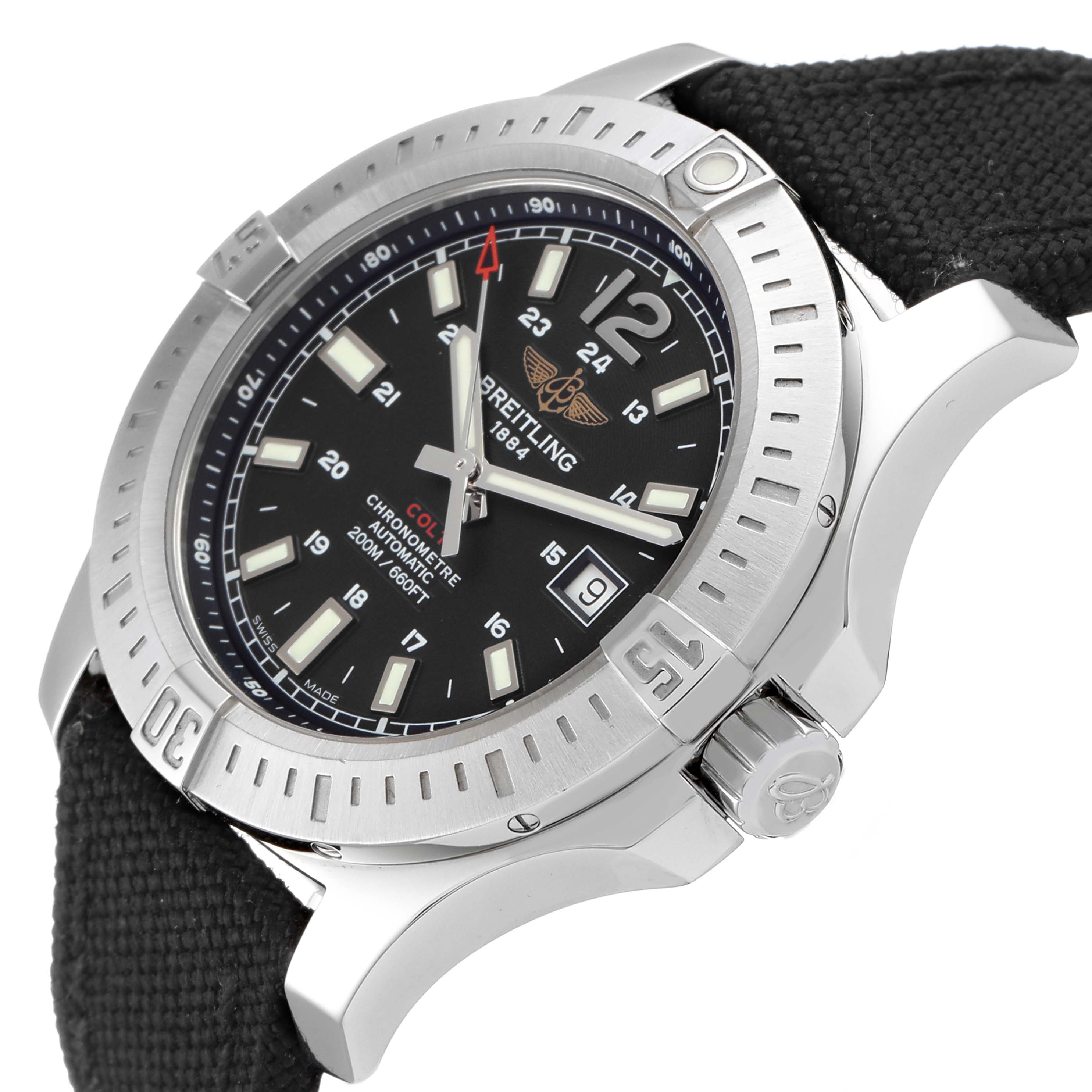 The image shows a Breitling Colt A17388 Men's Stainless Steel Black Dial A17388 Men's Stainless Steel Black Dial watch from a slight angled view, highlighting the bezel, case, dial, and part of the strap.