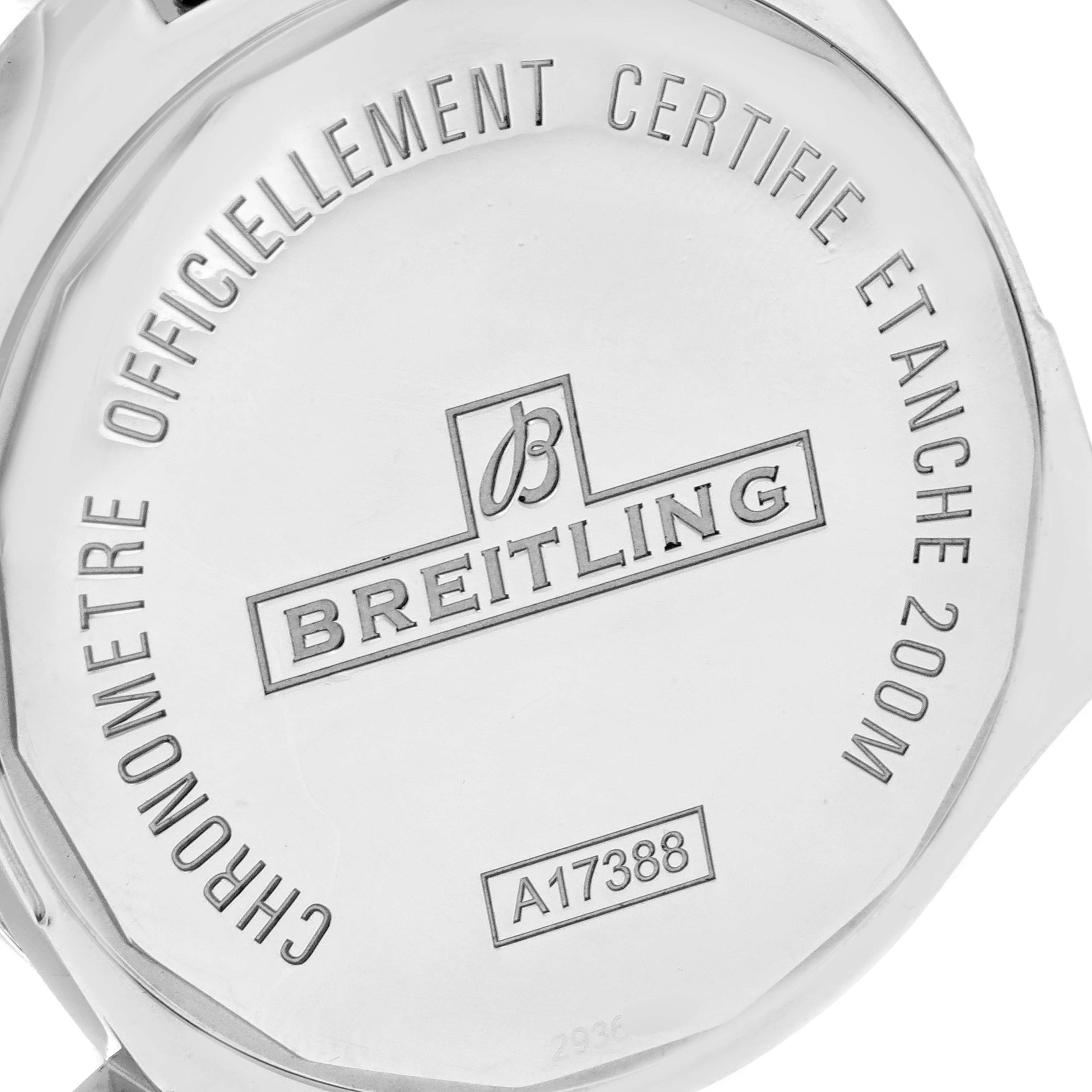 The image shows the back case of a Breitling Colt A17388 Men's Stainless Steel Black Dial A17388 Men's Stainless Steel Black Dial model watch, including the brand's logo and water resistance information.