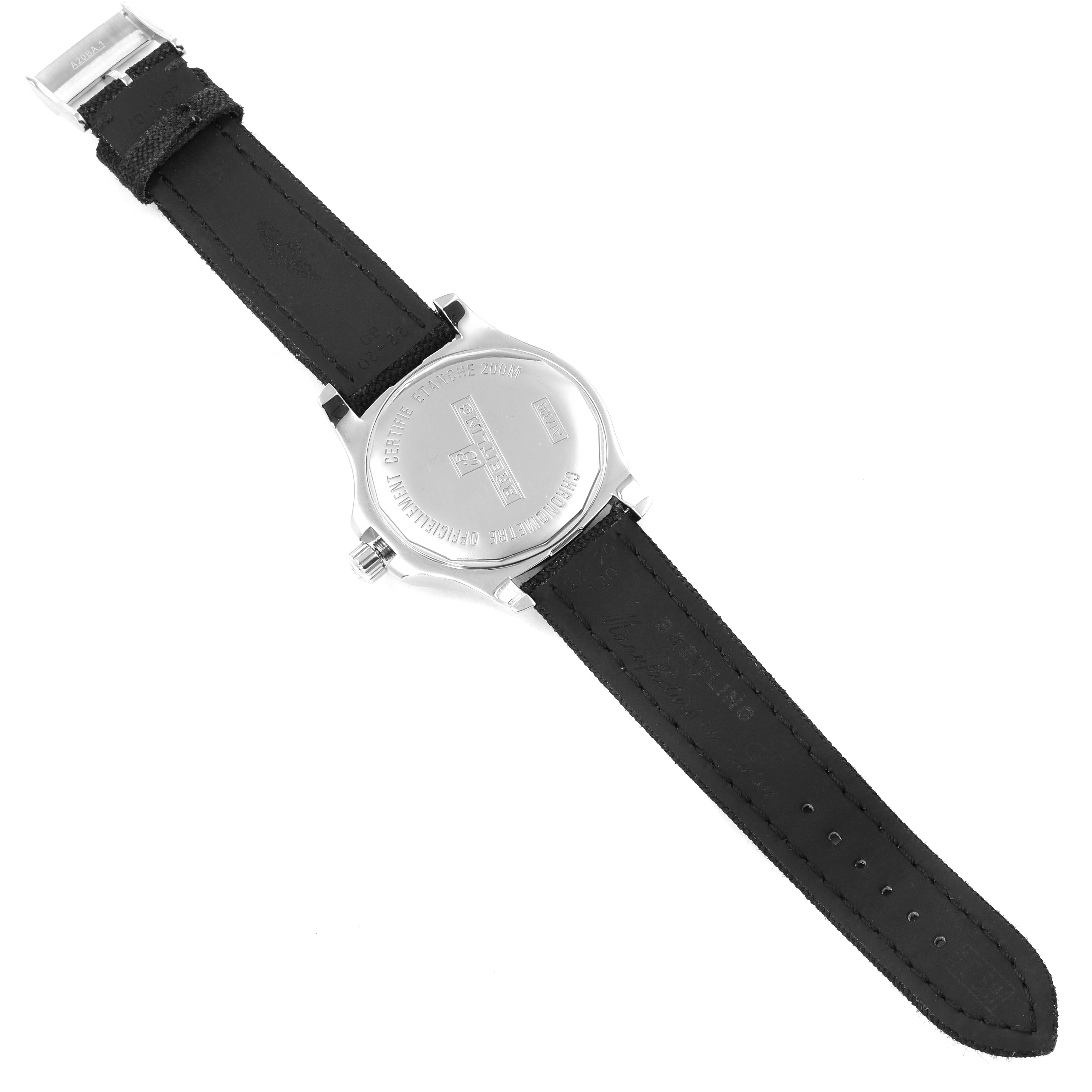 The image shows the back (case back) and strap of a Colt model watch by Breitling, oriented with the strap fully extended.