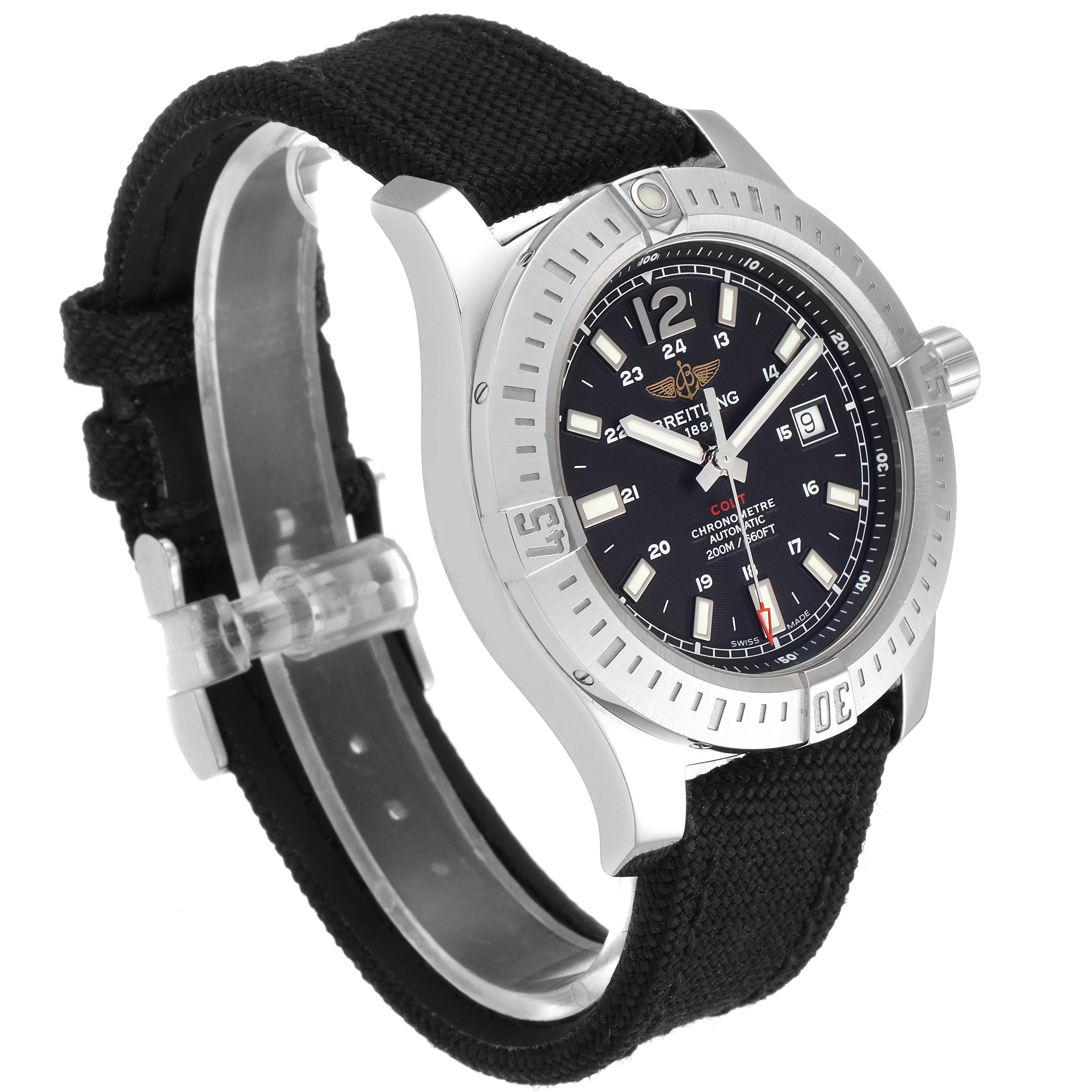 The Breitling Colt A17388 Men's Stainless Steel Black Dial A17388 Men's Stainless Steel Black Dial watch is shown at a three-quarter angle, highlighting the face, bezel, and part of the strap.